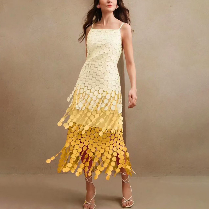 French gentle style slit dress 2025 autumn new sleeveless suspender with hollowed out layers irregular long skirt