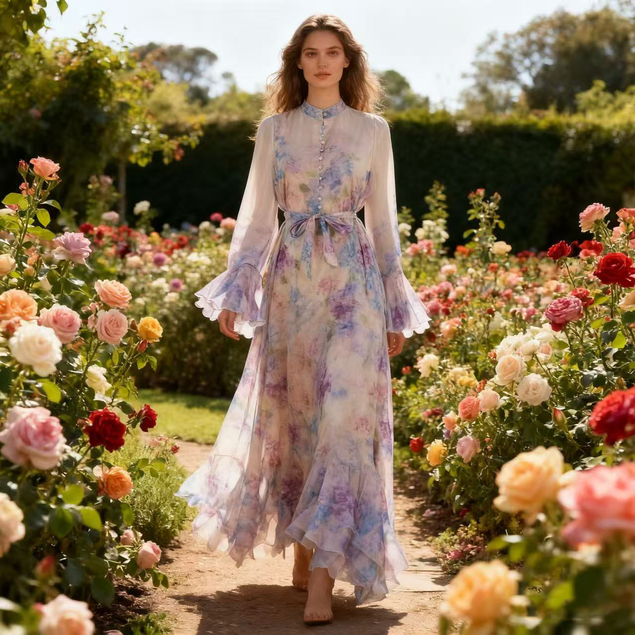 New Australian high-end design with ins print buckle long dress, elegant and super fairy temperament, big swing skirt New Australian high-end design with ins print buckle long dress, elegant and super fairy temperament, big swing skirt