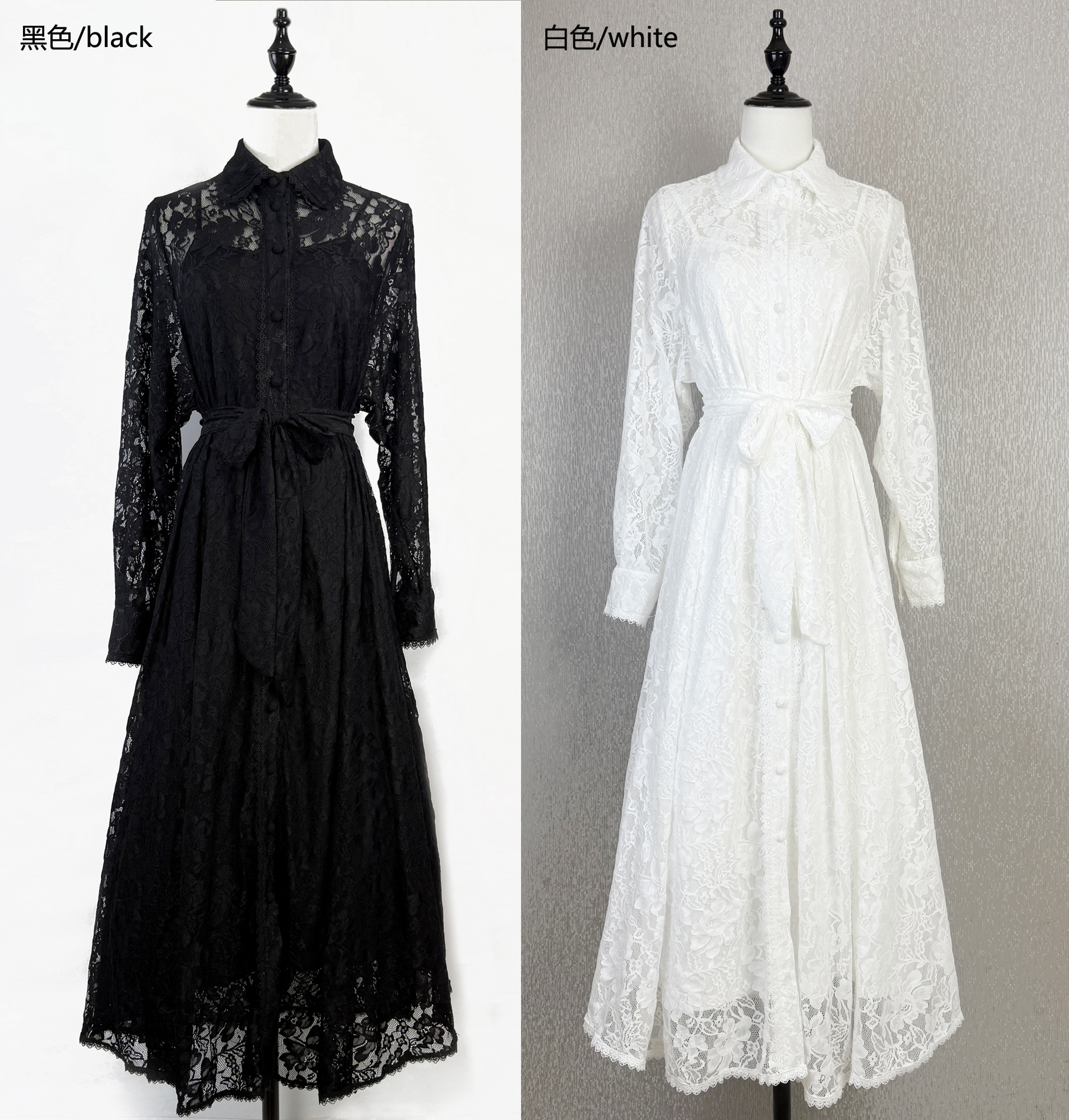 Real shot of Australia 2025 autumn new shirt collar belt mid length single breasted solid color lace dress Real shot of Australia 2025 autumn new shirt collar belt mid length single breasted solid color lace dress