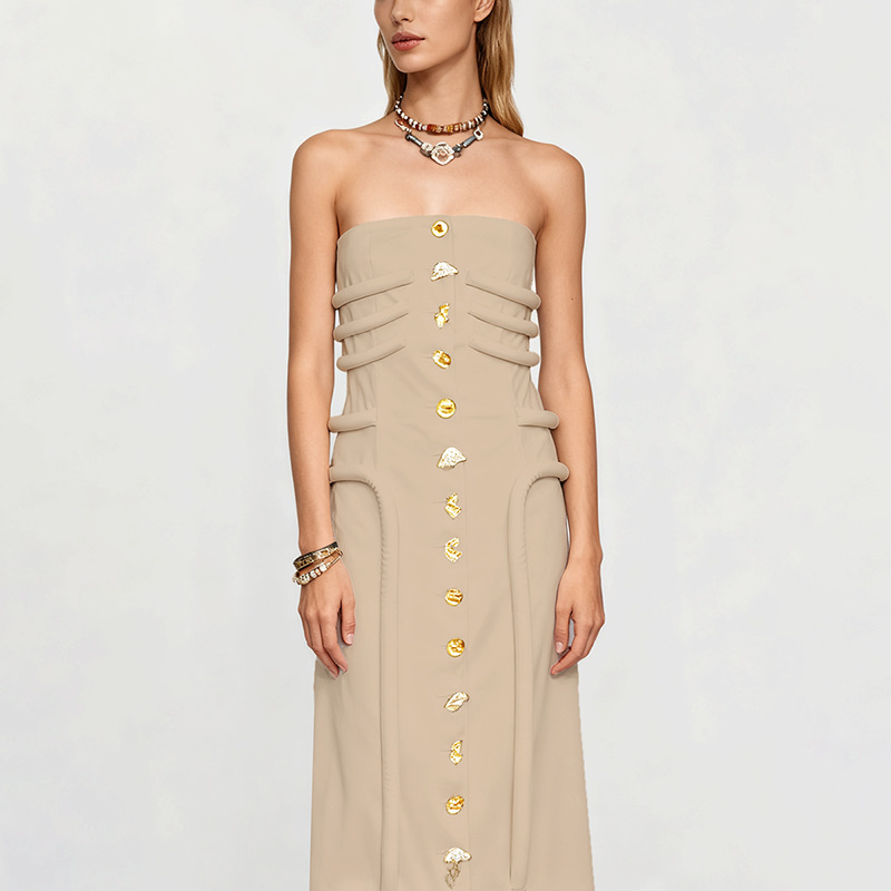 Stylish and sexy dress 2025 new sleeveless strapless design with irregular buckle for slimming and slimming effect, mid length dress
