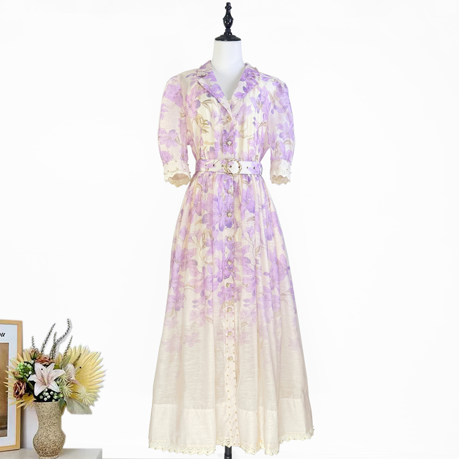 Real shot of Australian niche new printed socialite elegant lapel heavy nail bead lace patchwork dress long Real shot of Australian niche new printed socialite elegant lapel heavy nail bead lace patchwork dress long