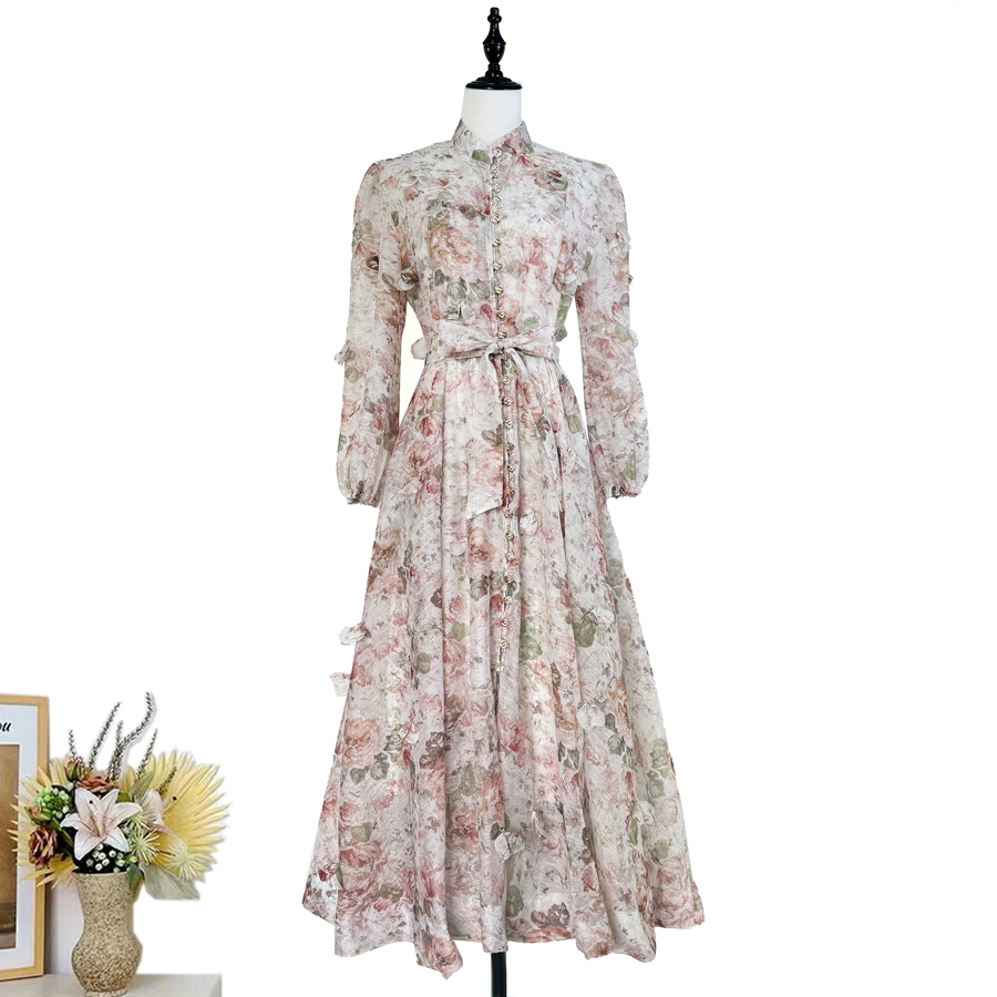Real shot of Australian new printed three-dimensional flower single breasted lantern sleeve large swing dress long party dress Real shot of Australian new printed three-dimensional flower single breasted lantern sleeve large swing dress long party dress
