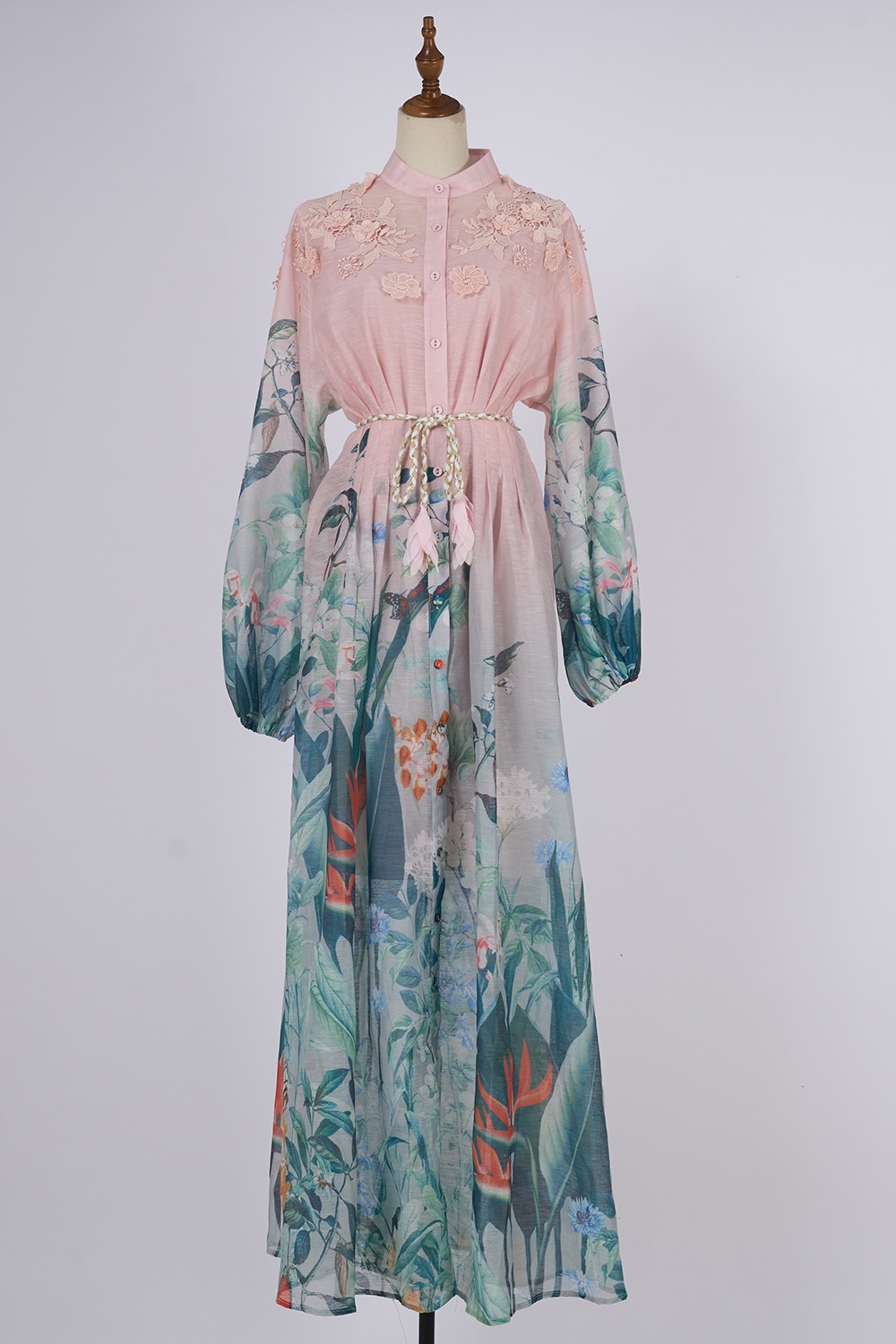 Realistic shooting of vacation style women's seaside exquisite printed single breasted bubble sleeves, large swing lace up dress Realistic shooting of vacation style women's seaside exquisite printed single breasted bubble sleeves, large swing lace up dress