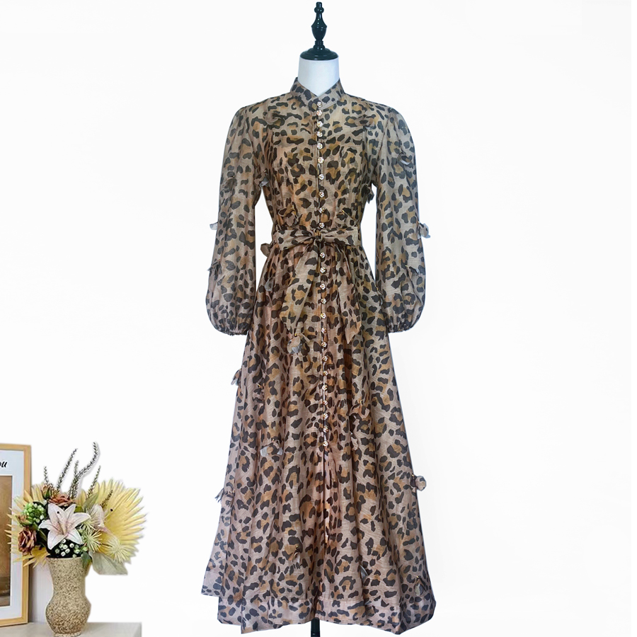 Real shot French elegant standing collar flower buckle heavy flower decoration waist cinching tie up big swing dress long skirt for women Real shot French elegant standing collar flower buckle heavy flower decoration waist cinching tie up big swing dress long skirt for women