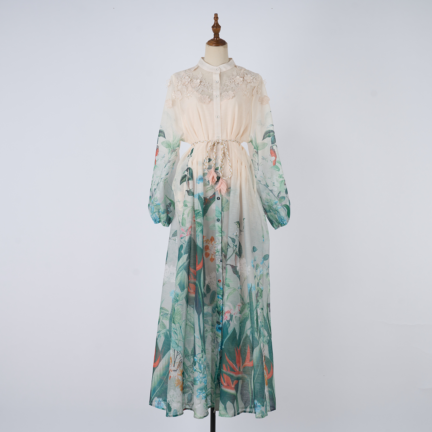 Realistic shooting of vacation style women's seaside exquisite printed single breasted bubble sleeves, large swing lace up dress Realistic shooting of vacation style women's seaside exquisite printed single breasted bubble sleeves, large swing lace up dress