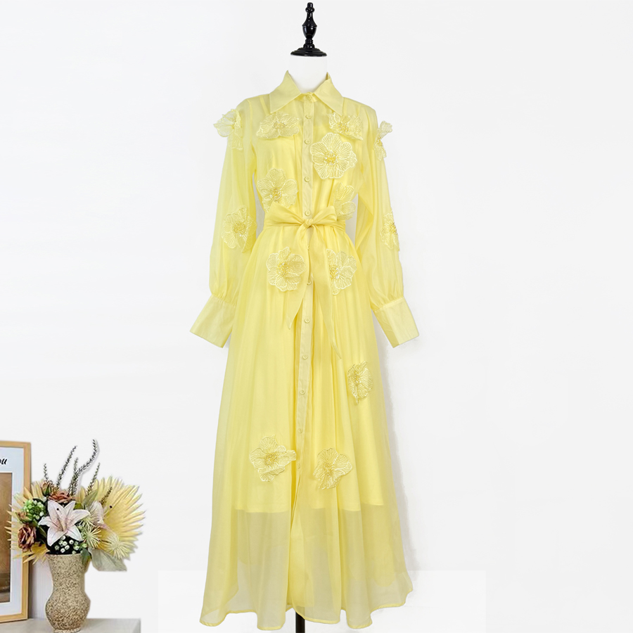 Real shot 5-color French high-end heavy industry nail bead three-dimensional flower long sleeved dress with straps, single breasted long skirt Real shot 5-color French high-end heavy industry nail bead three-dimensional flower long sleeved dress with straps, single breasted long skirt