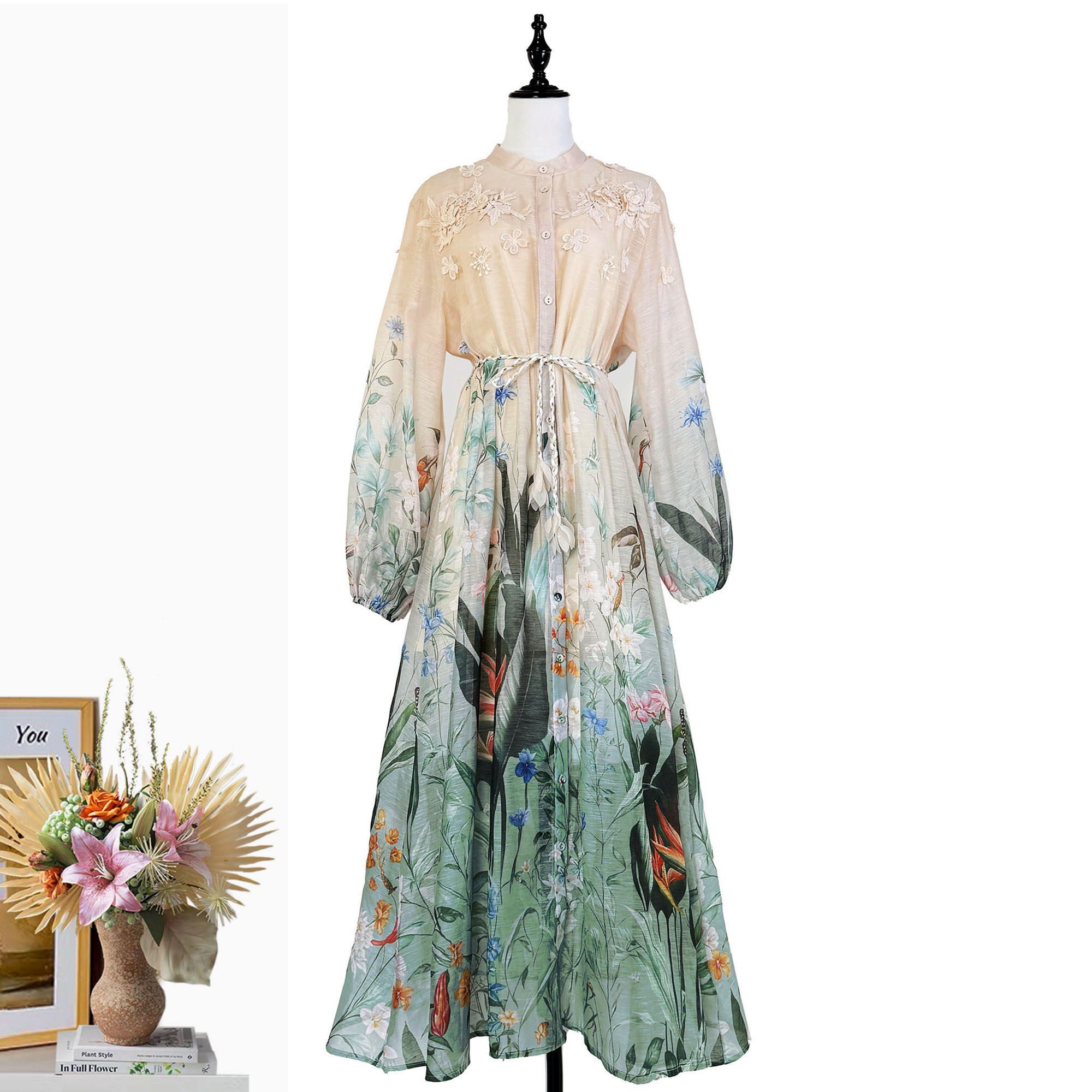 Real shot of Australia's new tropical style printed heavy industry three-dimensional flower splicing long style large swing dress Real shot of Australia's new tropical style printed heavy industry three-dimensional flower splicing long style large swing dress