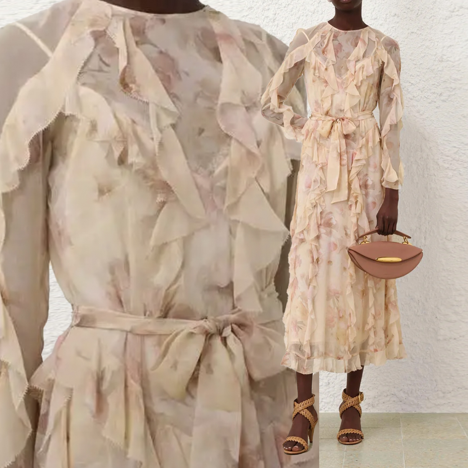 Australian light luxury niche design sense, heavy-duty printed floral lace long sleeved round neck temperament, silk jumpsuit long skirt