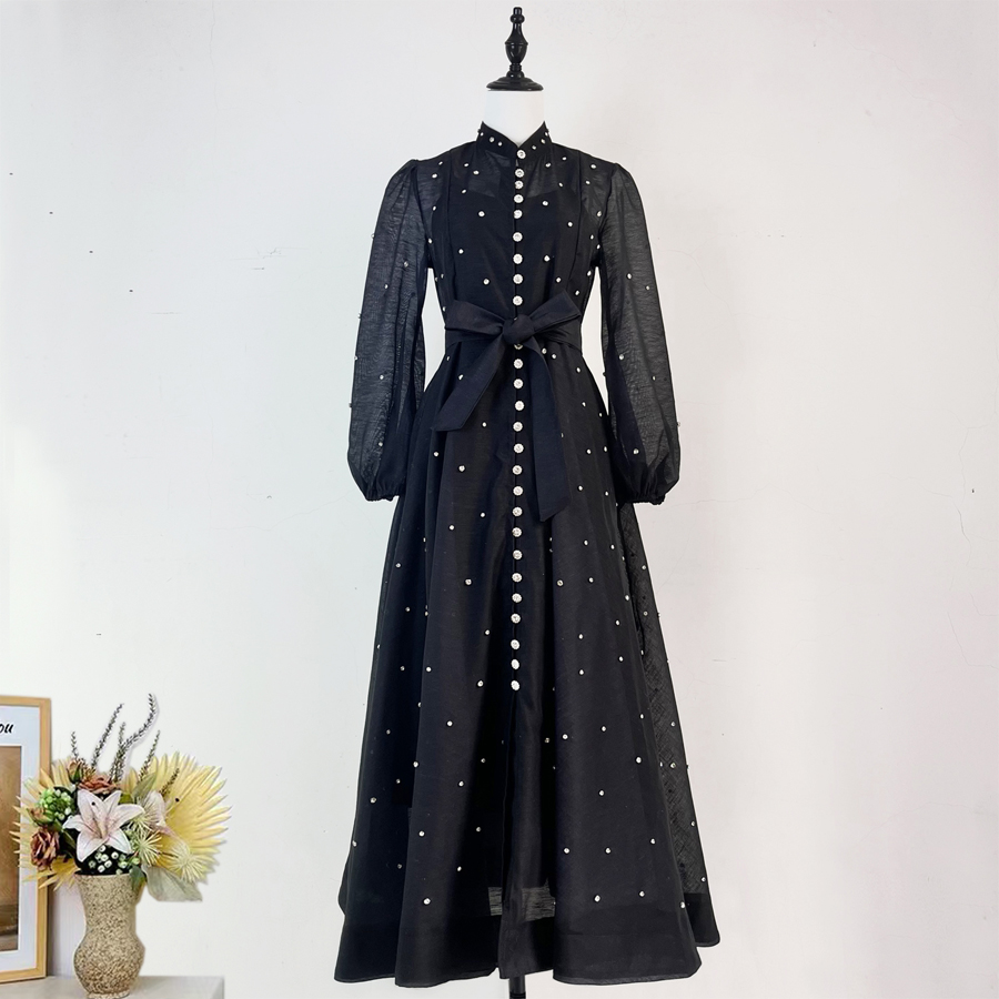 Realistic design with exquisite French style waist cinching and large swing dress, high-end luxury diamond cut small stand collar printed long skirt for women Realistic design with exquisite French style waist cinching and large swing dress, high-end luxury diamond cut small stand collar printed long skirt for women