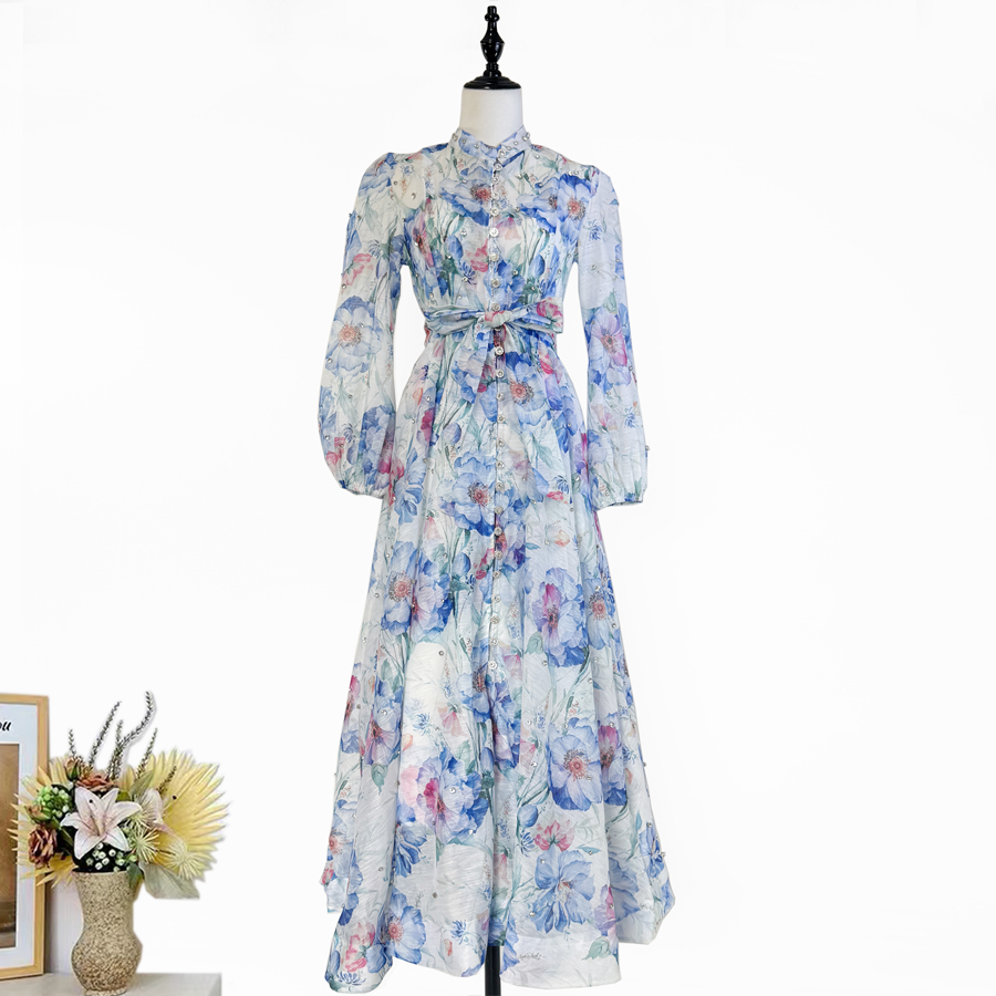 Realistic design with exquisite French style waist cinching and large swing dress, high-end luxury diamond cut small stand collar printed long skirt for women Realistic design with exquisite French style waist cinching and large swing dress, high-end luxury diamond cut small stand collar printed long skirt for women