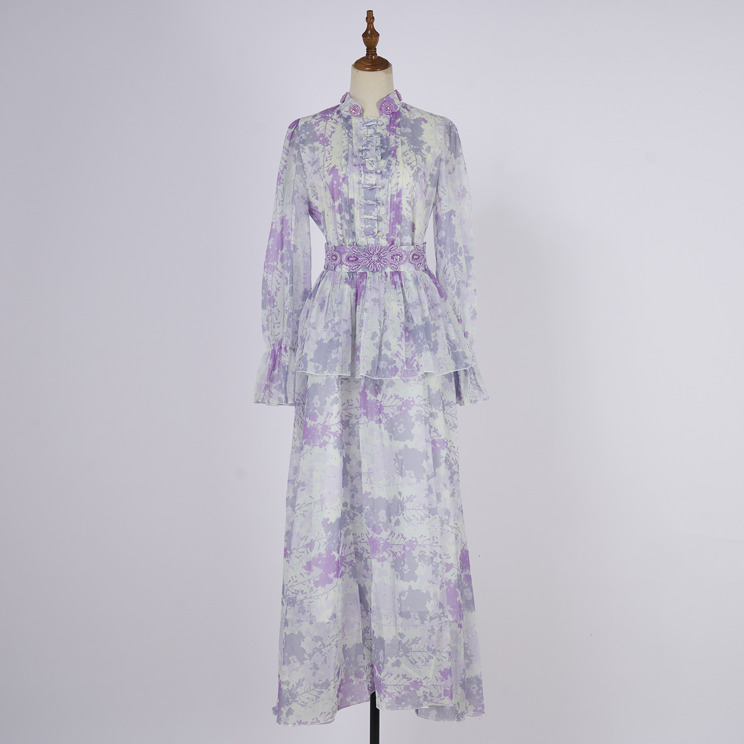 Real time shooting of fresh and sweet long skirt, summer new style round neck button embroidery printed waist cinching dress, 8 colors Real time shooting of fresh and sweet long skirt, summer new style round neck button embroidery printed waist cinching dress, 8 colors