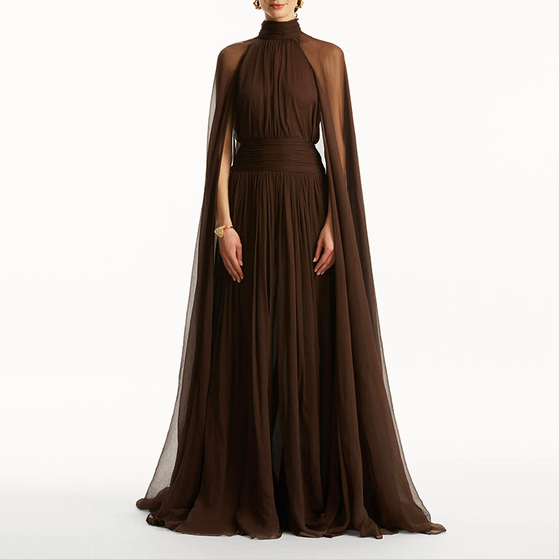 French Tea Break Wind Mesh Long Dress 2025 New Fashionable High Collar Bow Decorative Sexy backless Dress for Women