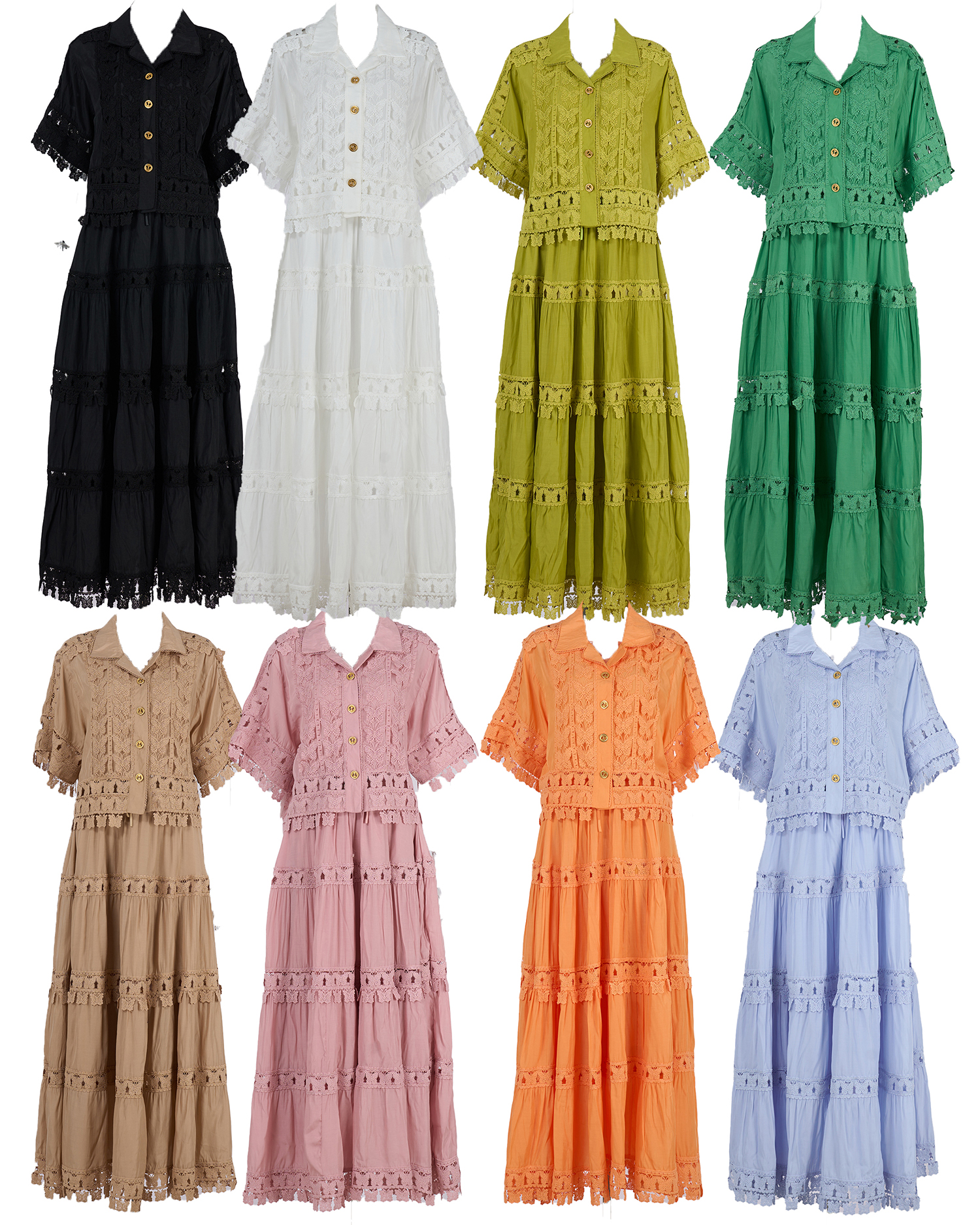 Real shot French retro summer new style 8-color lapel embroidered lace long shirt+skirt set for women