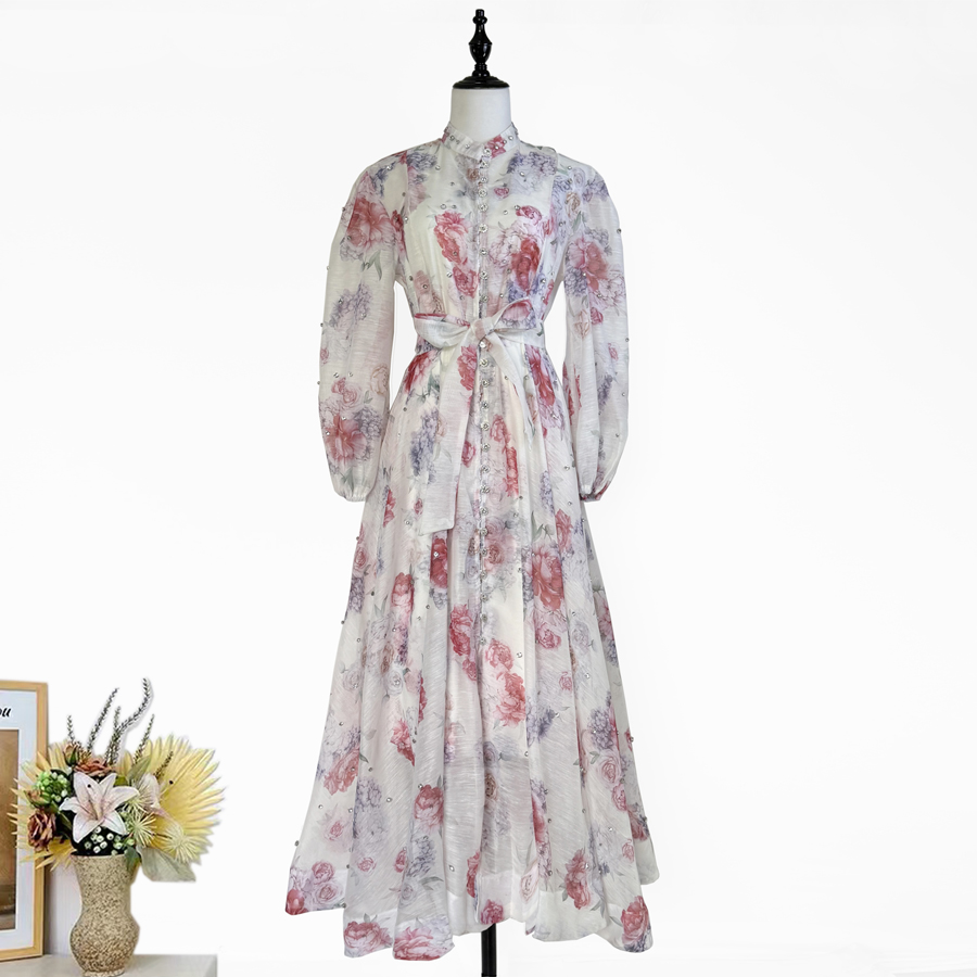 Real shot of Australian fashion printed light luxury heavy industry nail drill single breasted lantern sleeve mid length large swing dress Real shot of Australian fashion printed light luxury heavy industry nail drill single breasted lantern sleeve mid length large swing dress