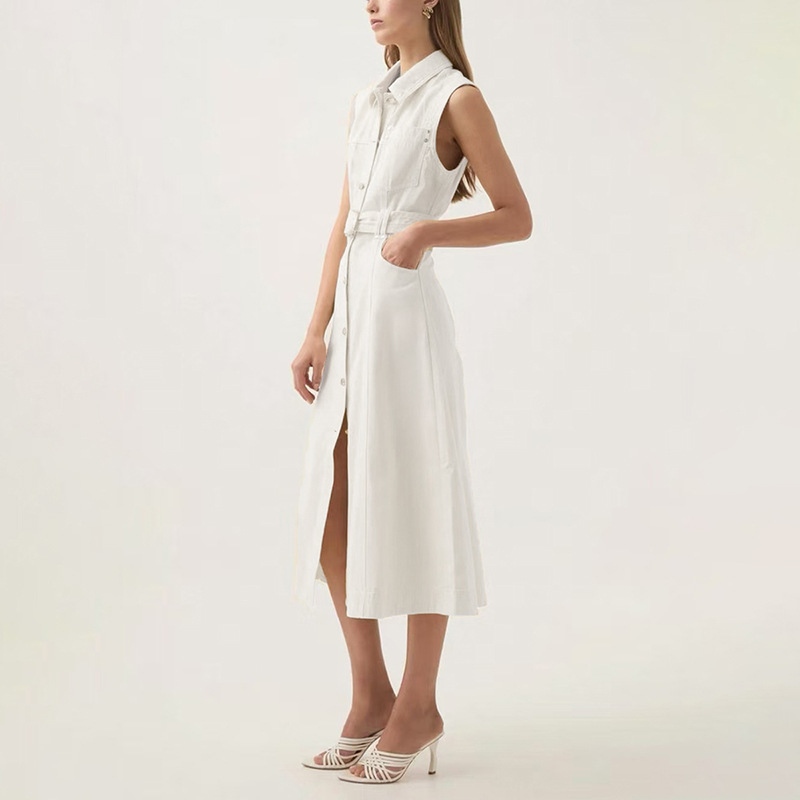 Korean style fashion lapel denim long dress 2025 summer new item with tie up and waist cinching for slimming, sleeveless long dress for women Korean style fashion lapel denim long dress 2025 summer new item with tie up and waist cinching for slimming, sleeveless long dress for women