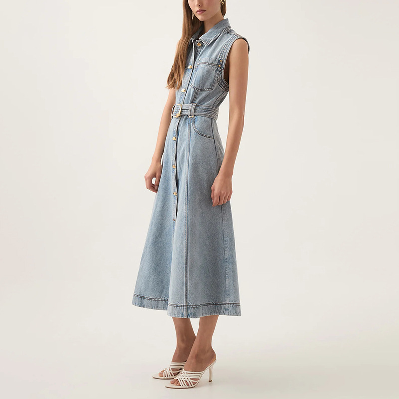 Korean style fashion lapel denim long dress 2025 summer new item with tie up and waist cinching for slimming, sleeveless long dress for women Korean style fashion lapel denim long dress 2025 summer new item with tie up and waist cinching for slimming, sleeveless long dress for women