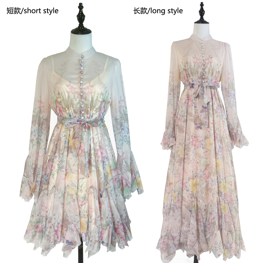 Real shot of Vietnam's niche design, printed single breasted petal long sleeved waist cinching beautiful dress, short skirt for women Real shot of Vietnam's niche design, printed single breasted petal long sleeved waist cinching beautiful dress, short skirt for women