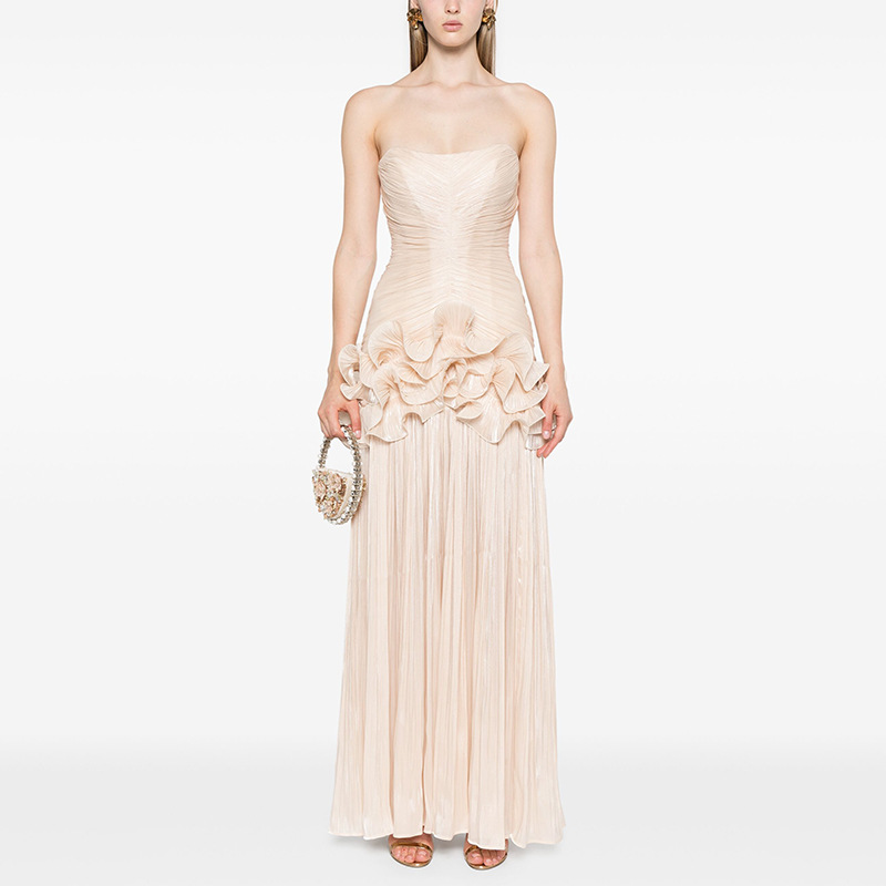 French style small fragrance strapless dress 2025 new item niche splicing mushroom edge design long dress for women's summer