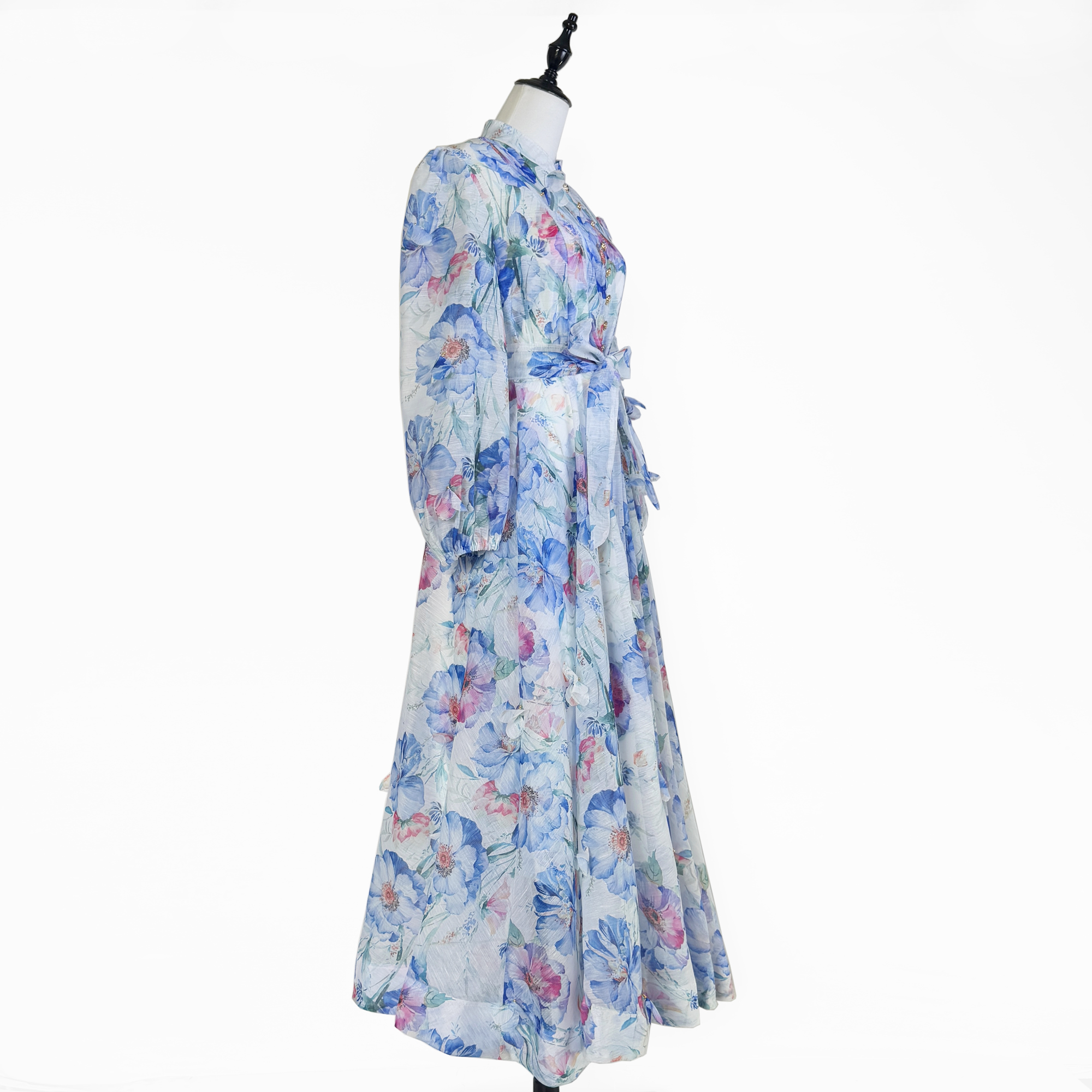 Real shot of European and American Spring and Autumn elegant retro printed nail bead three-dimensional flower waist cinching big swing dress long skirt for women Real shot of European and American Spring and Autumn elegant retro printed nail bead three-dimensional flower waist cinching big swing dress long skirt for women
