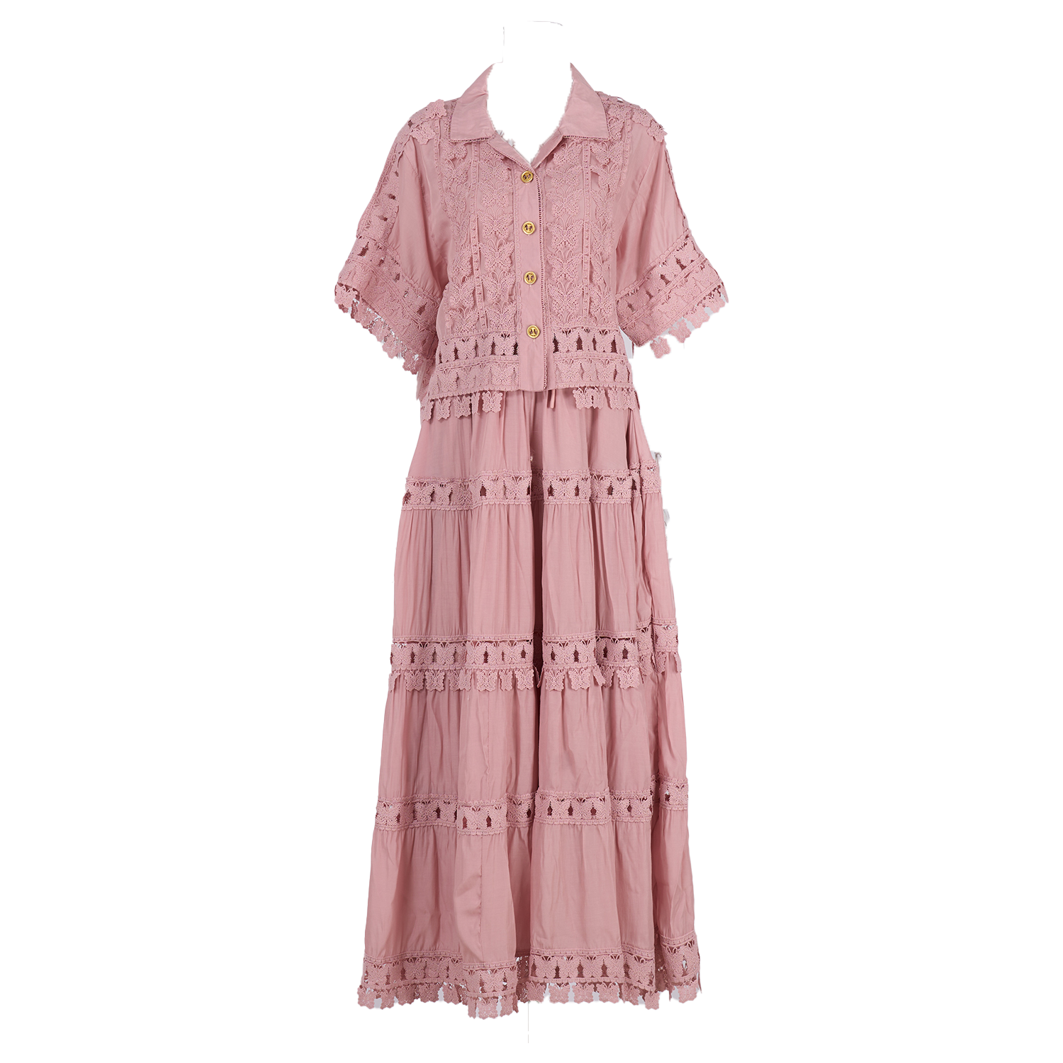 Real shot French retro summer new style 8-color lapel embroidered lace long shirt+skirt set for women Real shot French retro summer new style 8-color lapel embroidered lace long shirt+skirt set for women