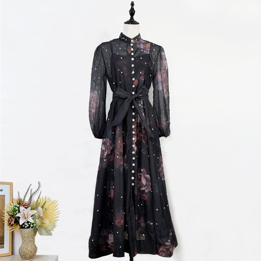 Realistic design with exquisite French style waist cinching and large swing dress, high-end luxury diamond cut small stand collar printed long skirt for women Realistic design with exquisite French style waist cinching and large swing dress, high-end luxury diamond cut small stand collar printed long skirt for women