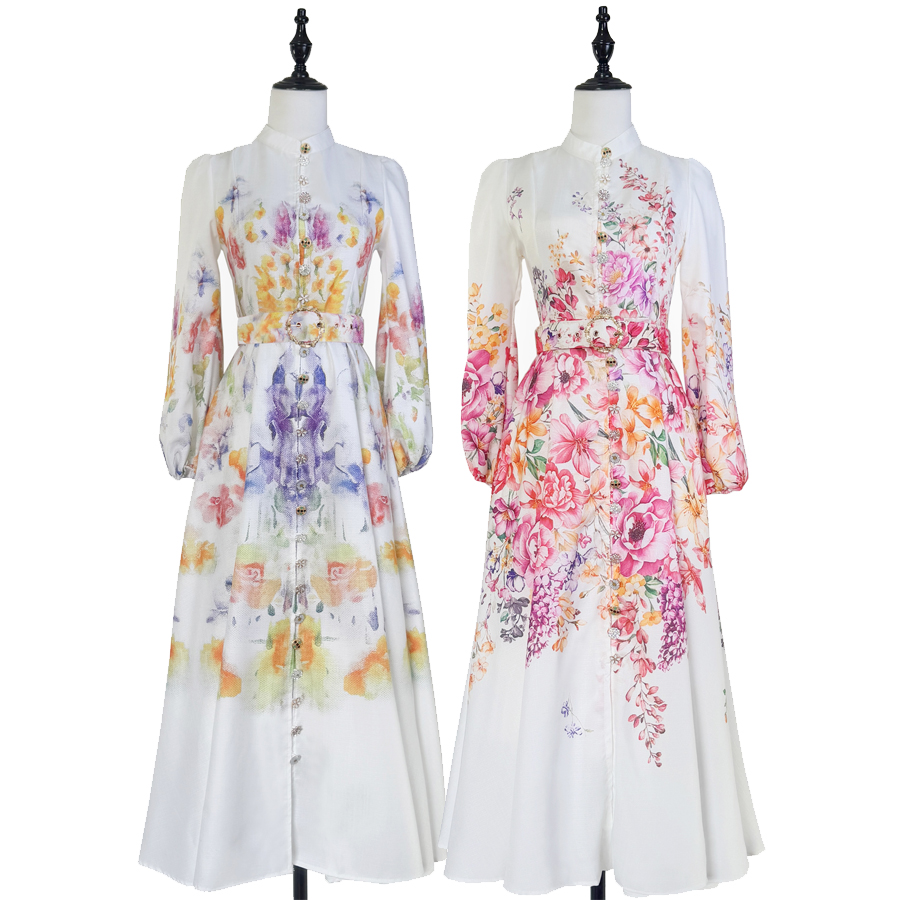 Real shot of 2025 autumn new small stand collar retro positioning printed single row floral buckle mid length dress