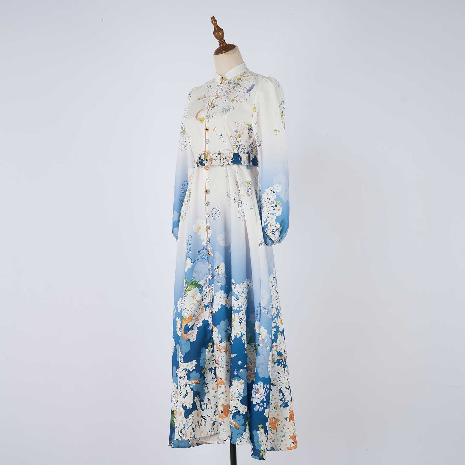 Real shot casual retro print exquisite single breasted stand up collar A-list dress ultra long skirt+belt 14 colors Real shot casual retro print exquisite single breasted stand up collar A-list dress ultra long skirt+belt 14 colors