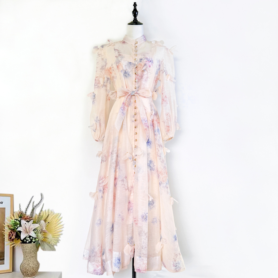 13 color spring and autumn standing collar lantern long sleeved lace up waist cinching single breasted printed nail flower long dress