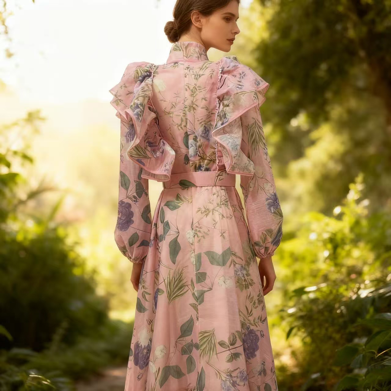 New floral ruffle edge long skirt 2025 autumn retro countryside style waist cinched buckle dress irregular skirt New floral ruffle edge long skirt 2025 autumn retro countryside style waist cinched buckle dress irregular skirt