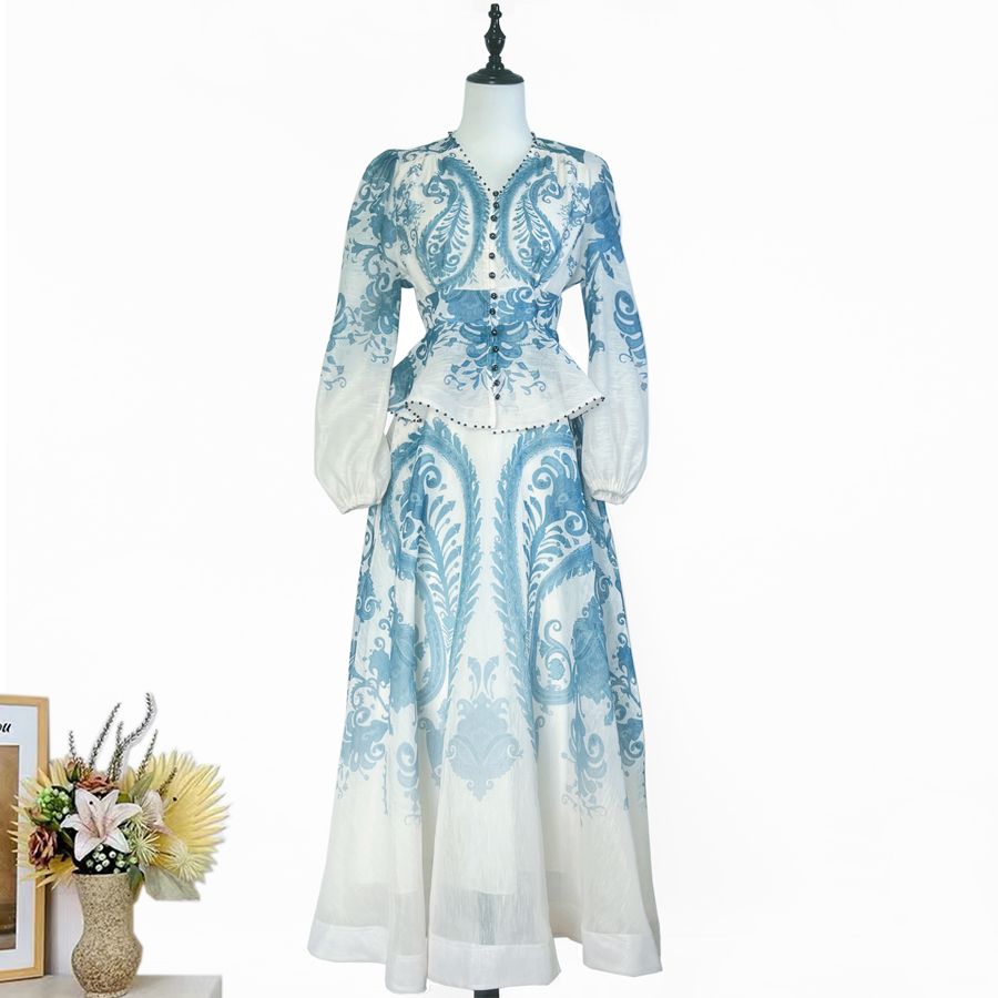 Real shot French nail bead retro printed long sleeved ruffled V-neck shirt with high waist and large swing long skirt two-piece set Real shot French nail bead retro printed long sleeved ruffled V-neck shirt with high waist and large swing long skirt two-piece set