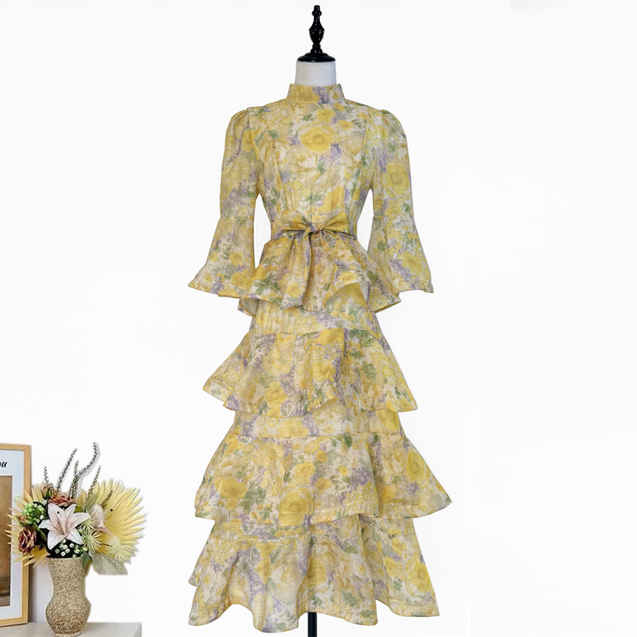 Real shot Australian retro printed ruffle edge dress cake TAMA long skirt trumpet sleeve fairy dress Real shot Australian retro printed ruffle edge dress cake TAMA long skirt trumpet sleeve fairy dress