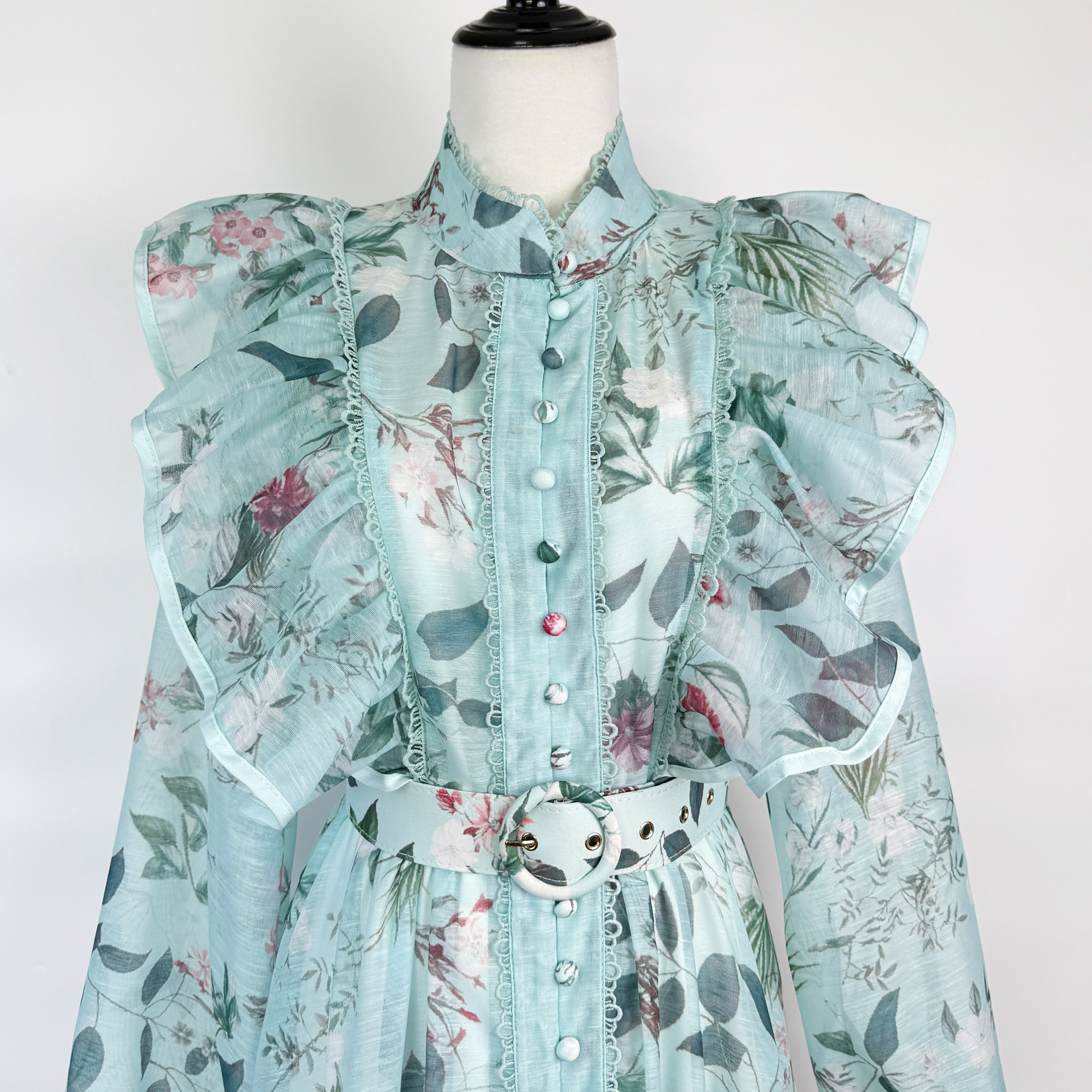 Real shot of European, American, British style lotus leaf edge lace border lantern sleeve print long swing dress+waistband for women Real shot of European, American, British style lotus leaf edge lace border lantern sleeve print long swing dress+waistband for women