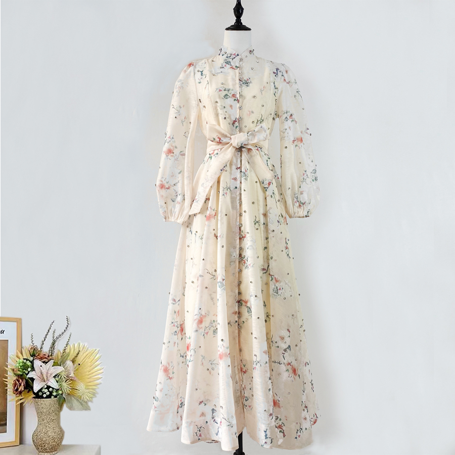 Realistic design with exquisite French style waist cinching and large swing dress, high-end luxury diamond cut small stand collar printed long skirt for women Realistic design with exquisite French style waist cinching and large swing dress, high-end luxury diamond cut small stand collar printed long skirt for women