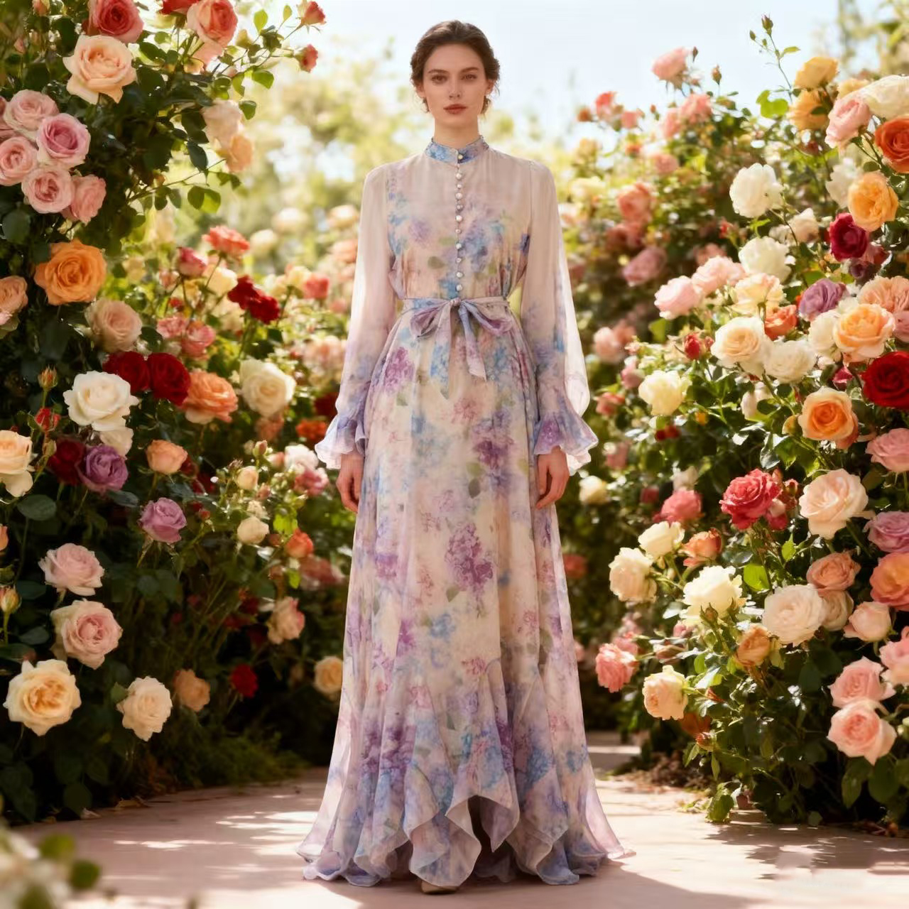 New Australian high-end design with ins print buckle long dress, elegant and super fairy temperament, big swing skirt New Australian high-end design with ins print buckle long dress, elegant and super fairy temperament, big swing skirt