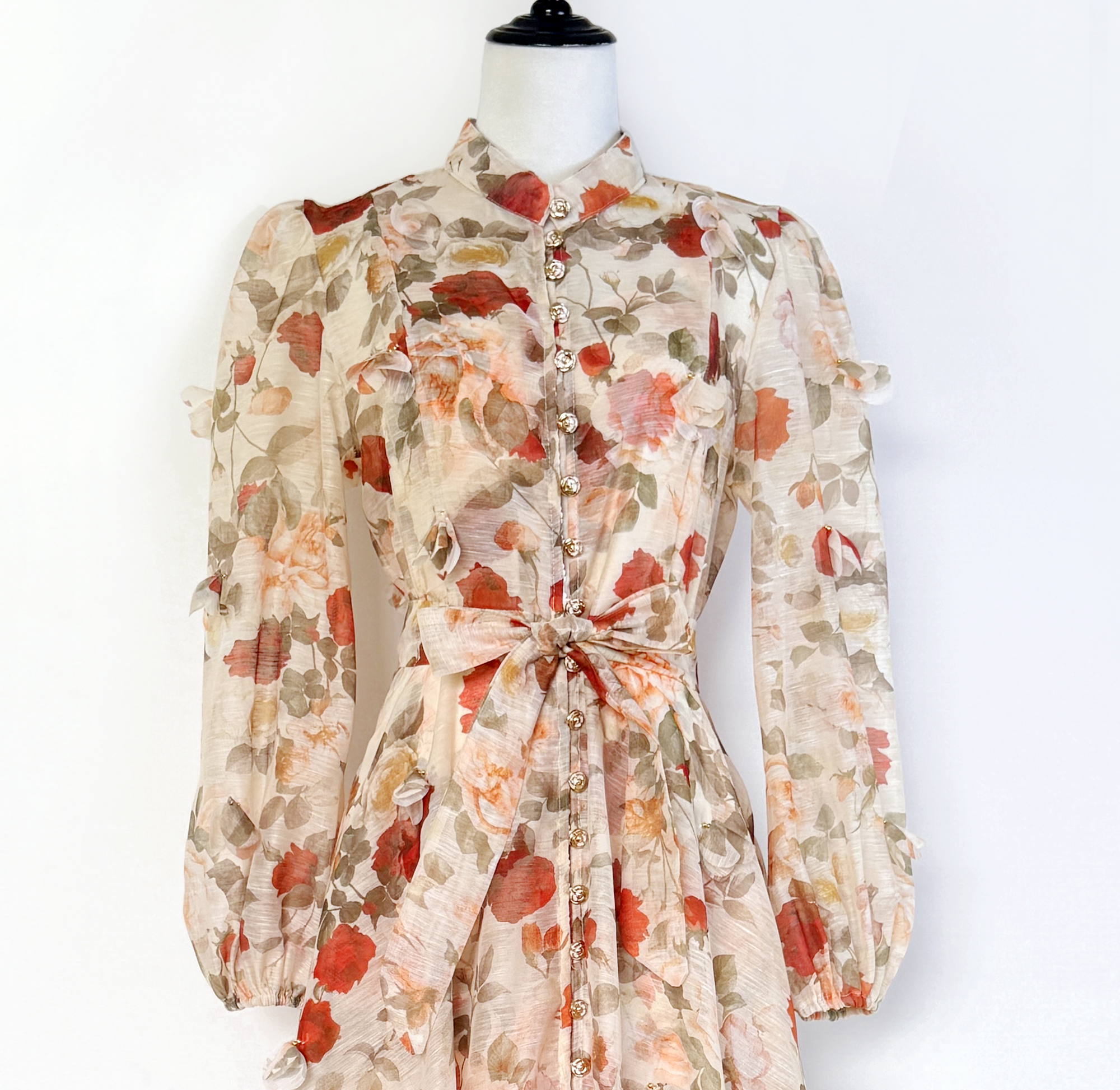 Real shot French elegant standing collar flower buckle heavy flower decoration waist cinching tie up big swing dress long skirt for women Real shot French elegant standing collar flower buckle heavy flower decoration waist cinching tie up big swing dress long skirt for women