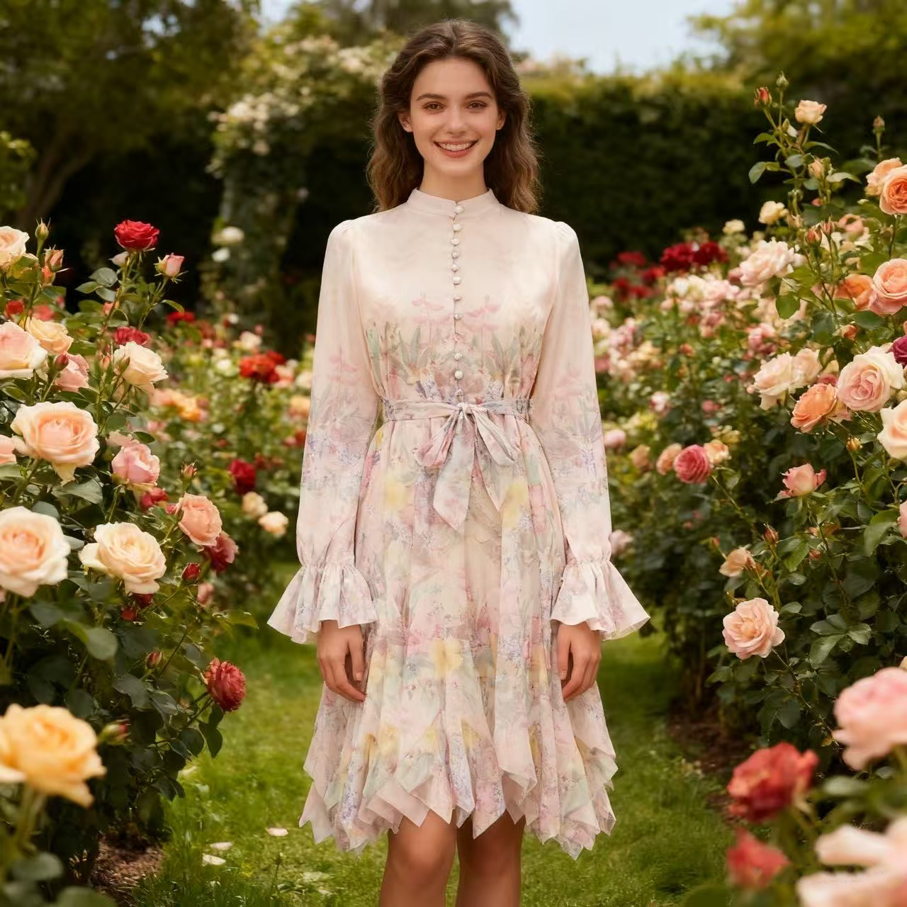 New Australian high-end design style i printed breasted short dress with elegant and super fairy temperament New Australian high-end design style i printed breasted short dress with elegant and super fairy temperament