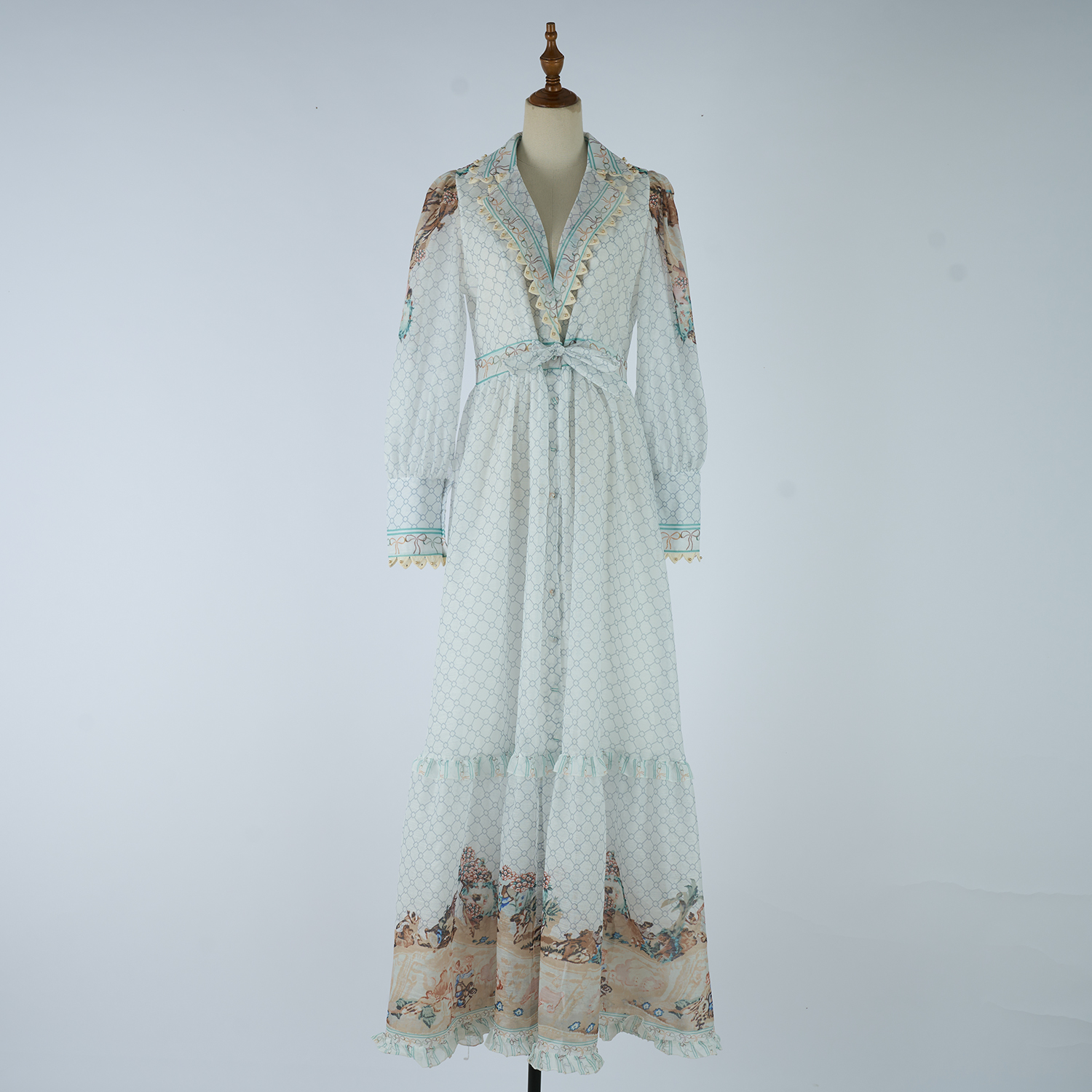 New retro palace style slim fit long dress with 2025V collar, shoulder print, tie up, waist cinching, long sleeved A-line skirt New retro palace style slim fit long dress with 2025V collar, shoulder print, tie up, waist cinching, long sleeved A-line skirt