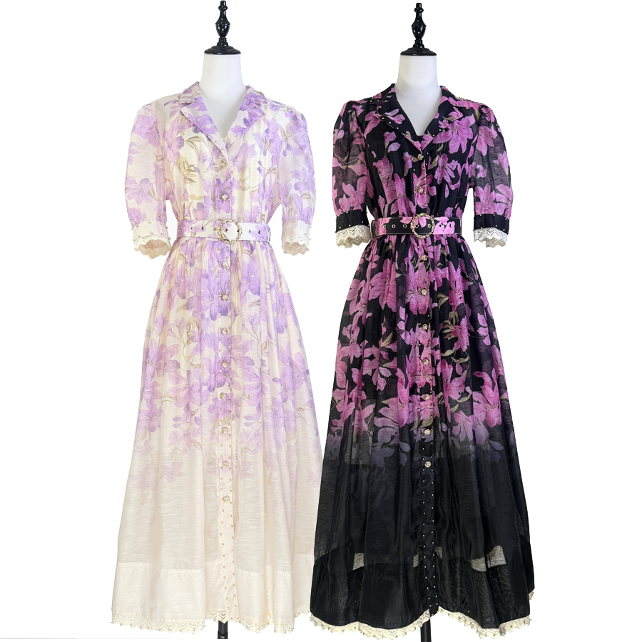 Real shot of Australian niche new printed socialite elegant lapel heavy nail bead lace patchwork dress long