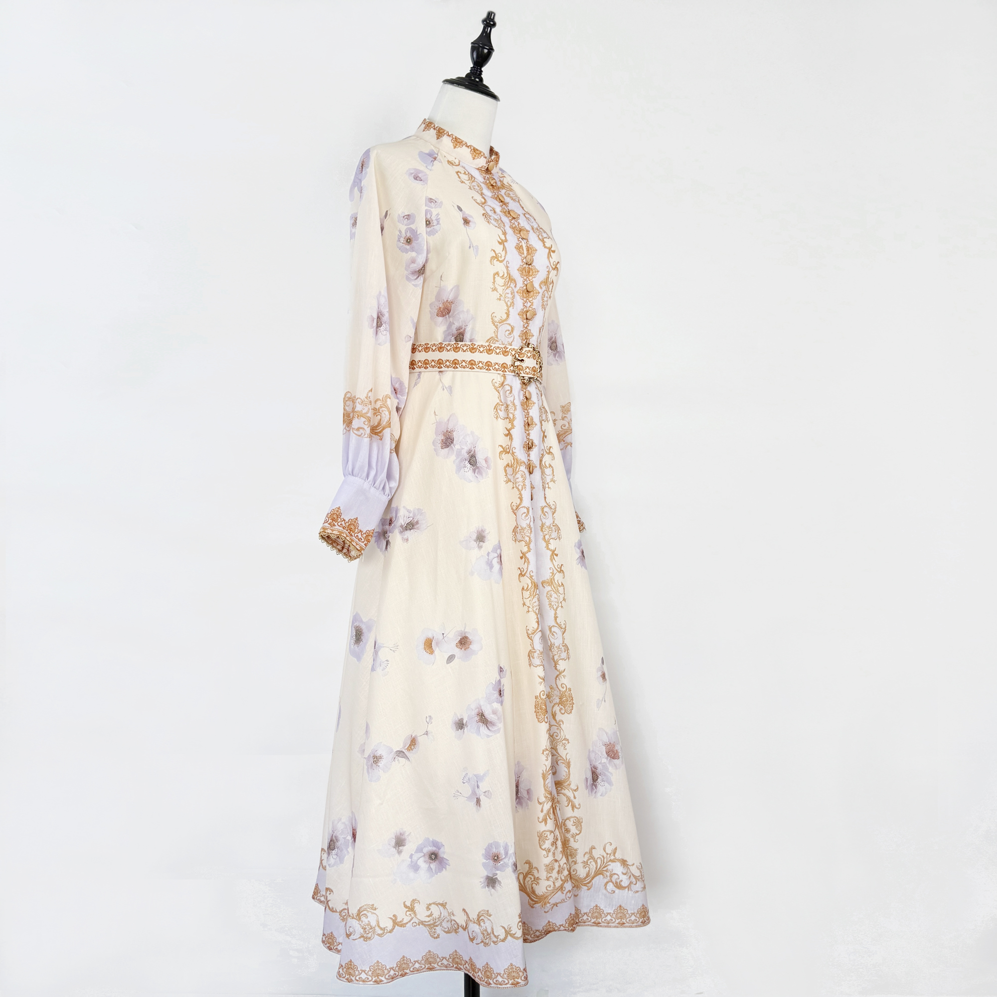 Real time shooting of light luxury high fixed 2025 early autumn new floral pattern stand up collar buckle lantern sleeve waist cinching dress Real time shooting of light luxury high fixed 2025 early autumn new floral pattern stand up collar buckle lantern sleeve waist cinching dress