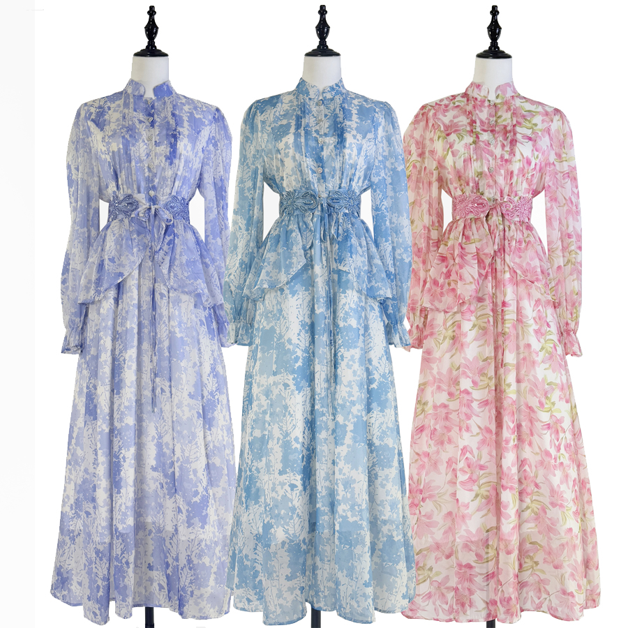 Real time shooting of autumn new product, French design, printed lace up, nail bead, lotus leaf edge waist seal, waist cinching, slim fit dress