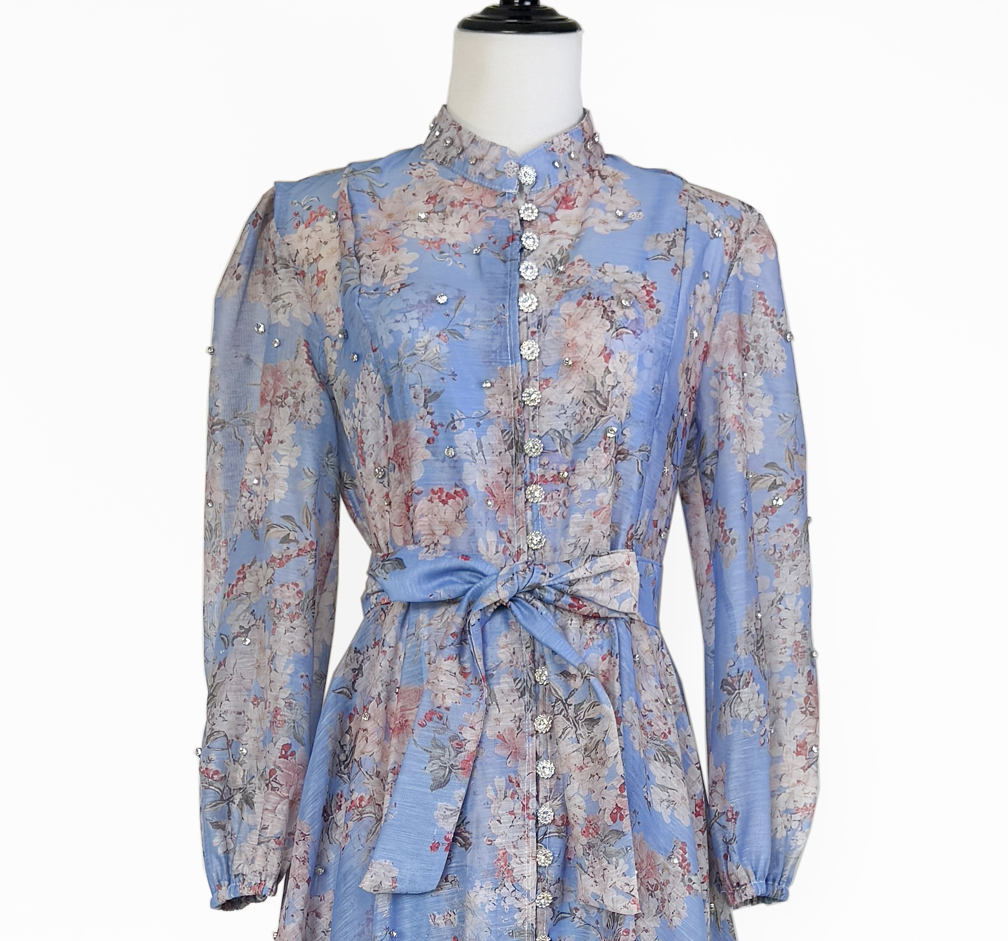 Real shot of Australian fashion printed light luxury heavy industry nail drill single breasted lantern sleeve mid length large swing dress Real shot of Australian fashion printed light luxury heavy industry nail drill single breasted lantern sleeve mid length large swing dress