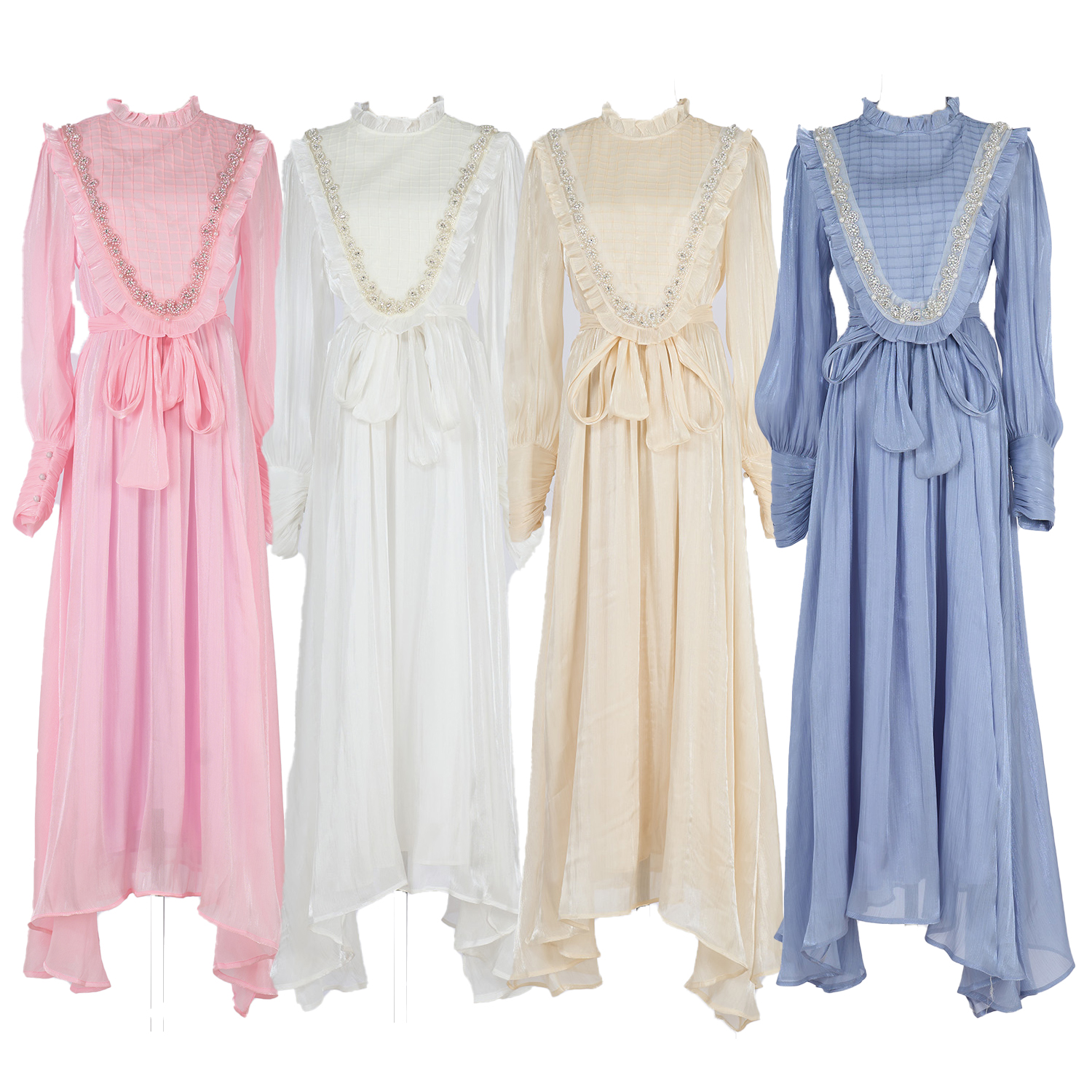 Real shot vintage lace patchwork pure white embroidered stand up collar lantern sleeve dress with large swing long skirt