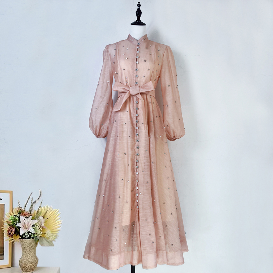 Realistic design with exquisite French style waist cinching and large swing dress, high-end luxury diamond cut small stand collar printed long skirt for women Realistic design with exquisite French style waist cinching and large swing dress, high-end luxury diamond cut small stand collar printed long skirt for women