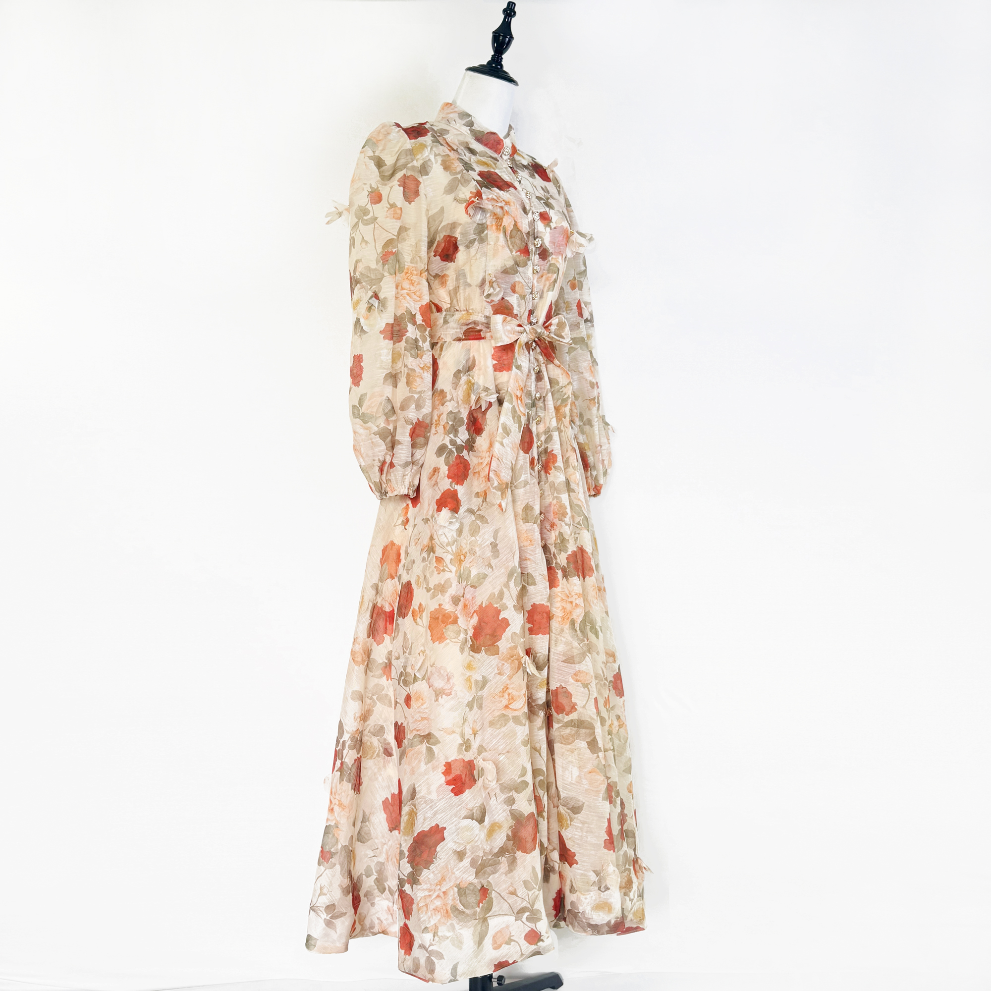 Real shot French elegant standing collar flower buckle heavy flower decoration waist cinching tie up big swing dress long skirt for women Real shot French elegant standing collar flower buckle heavy flower decoration waist cinching tie up big swing dress long skirt for women