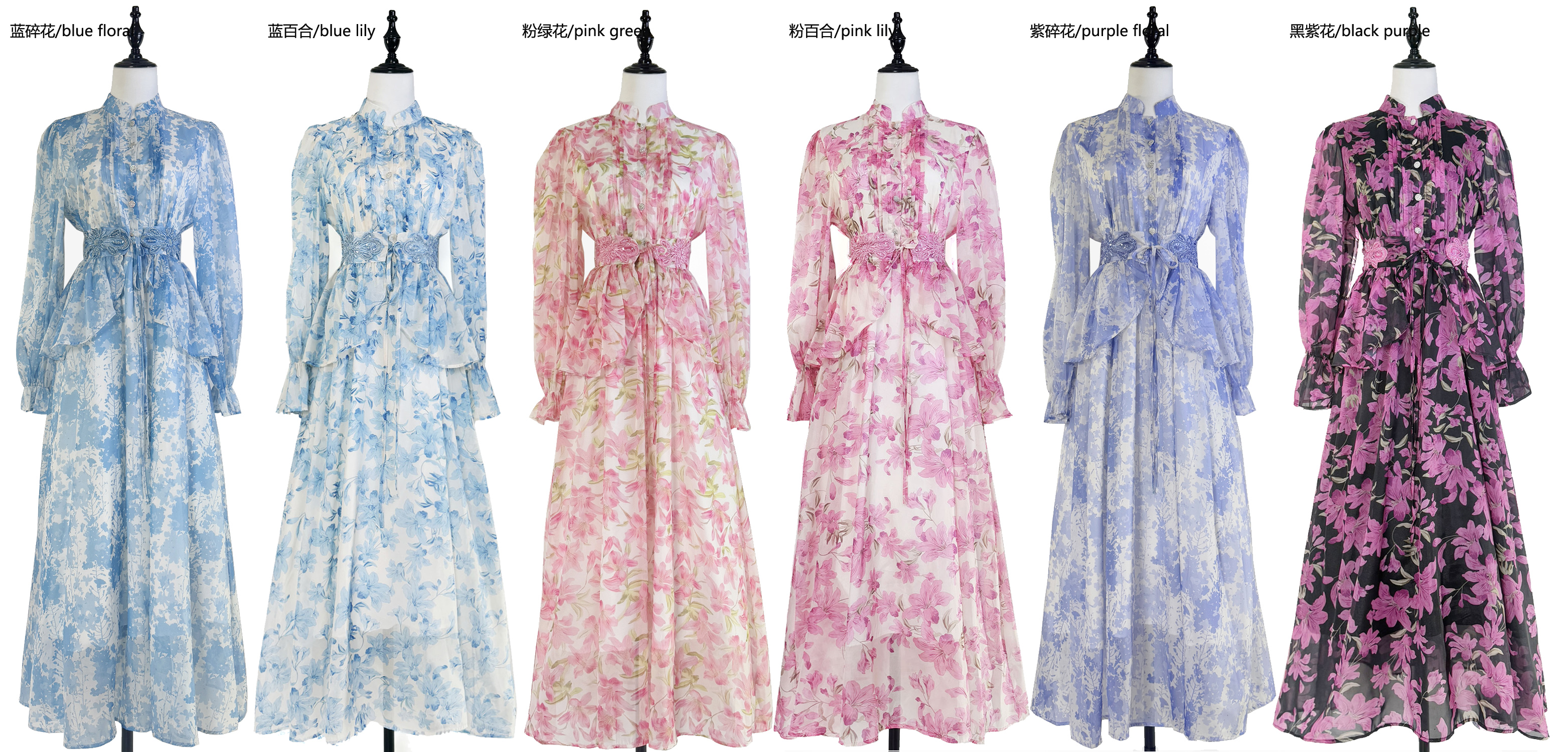 Real time shooting of autumn new product, French design, printed lace up, nail bead, lotus leaf edge waist seal, waist cinching, slim fit dress Real time shooting of autumn new product, French design, printed lace up, nail bead, lotus leaf edge waist seal, waist cinching, slim fit dress