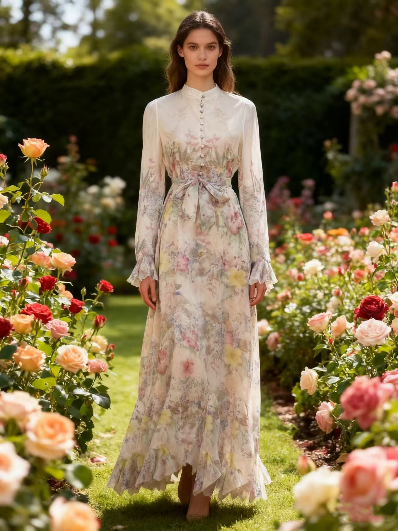 New Australian high-end design with ins print buckle long dress, elegant and super fairy temperament, big swing skirt New Australian high-end design with ins print buckle long dress, elegant and super fairy temperament, big swing skirt