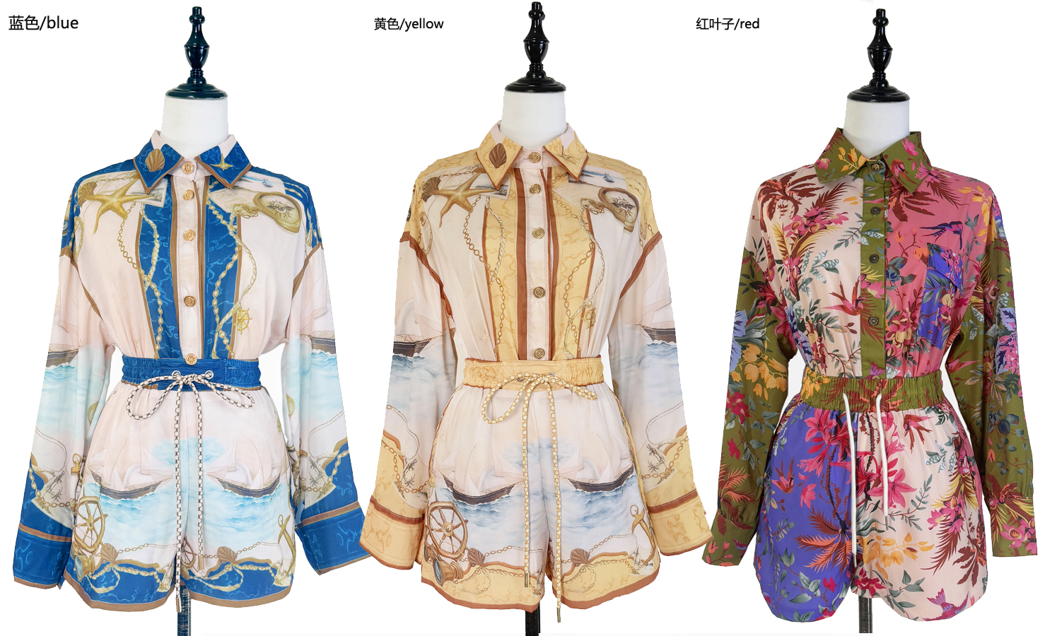 Real shot Australian niche blue nautical print long sleeved shirt shorts fashionable casual set two-piece set Real shot Australian niche blue nautical print long sleeved shirt shorts fashionable casual set two-piece set