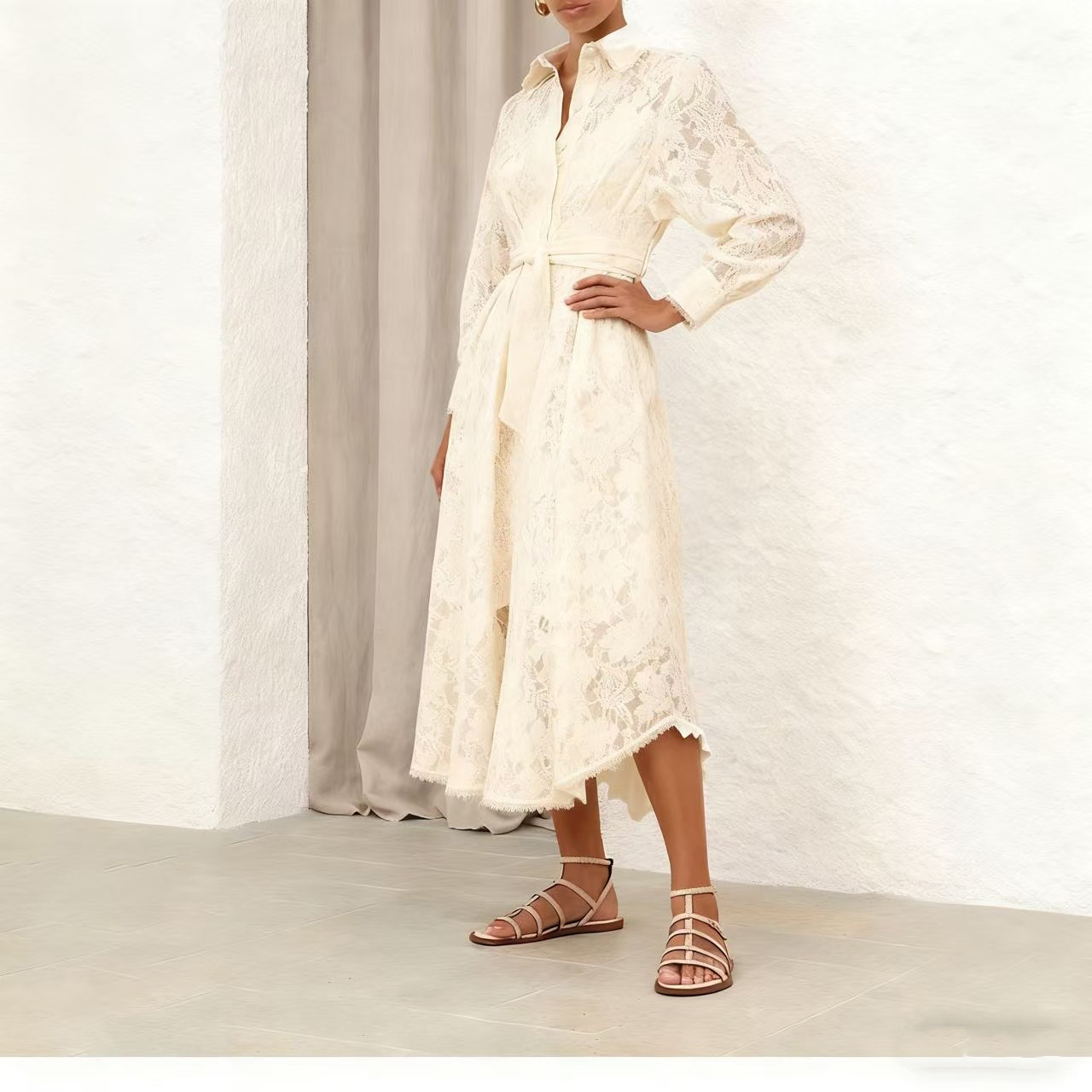 New Spring Heavy Crafted Lace Fabric Splicing Lace Ruffle Details Long Sleeve Long Dress New Spring Heavy Crafted Lace Fabric Splicing Lace Ruffle Details Long Sleeve Long Dress