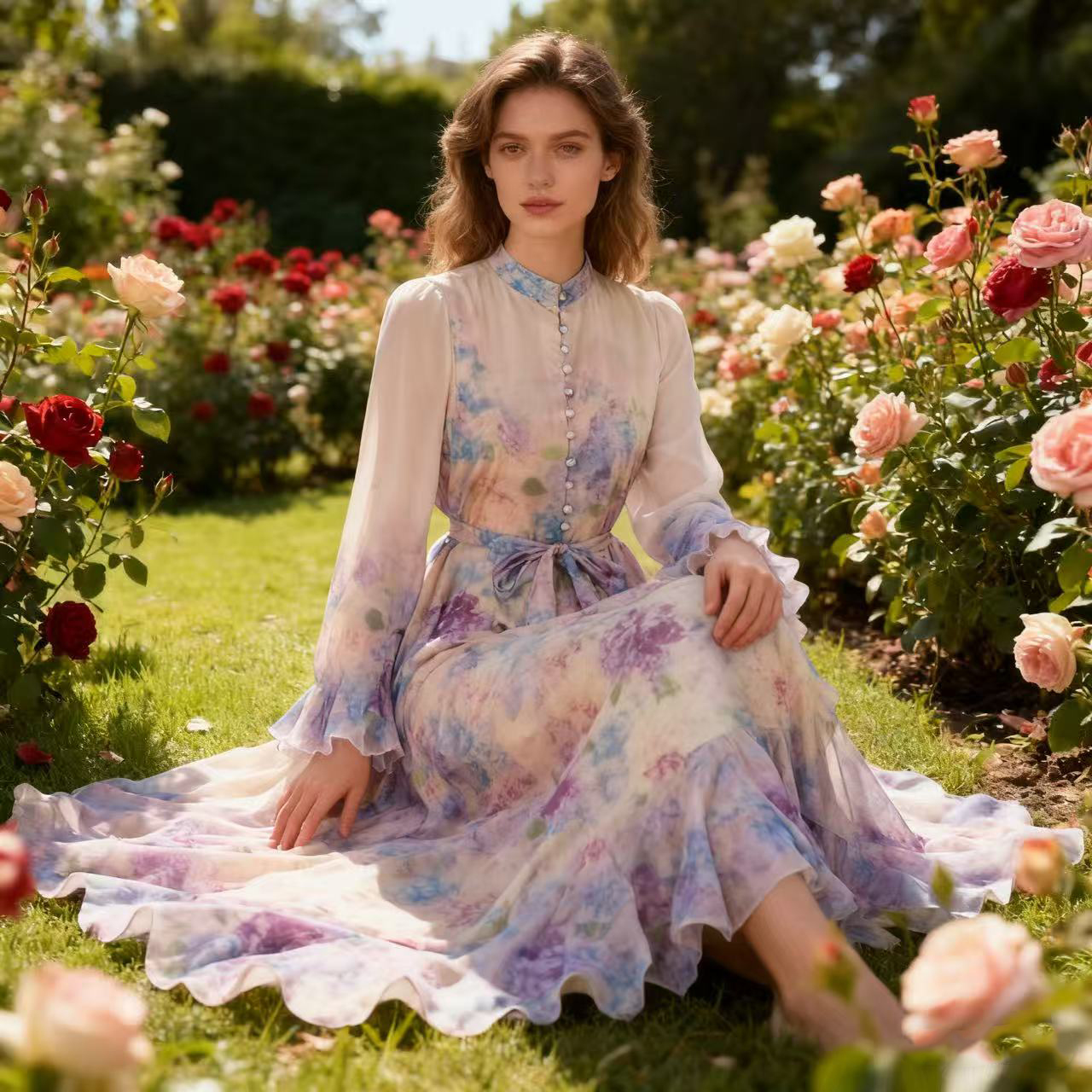 New Australian high-end design with ins print buckle long dress, elegant and super fairy temperament, big swing skirt New Australian high-end design with ins print buckle long dress, elegant and super fairy temperament, big swing skirt