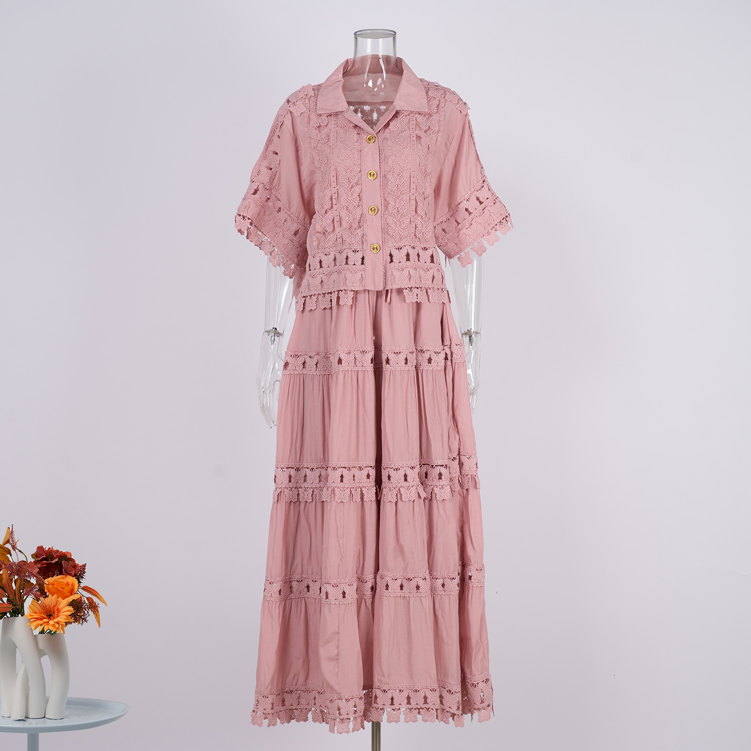 Real shot French retro summer new style lapel embroidered lace long shirt+skirt set for women